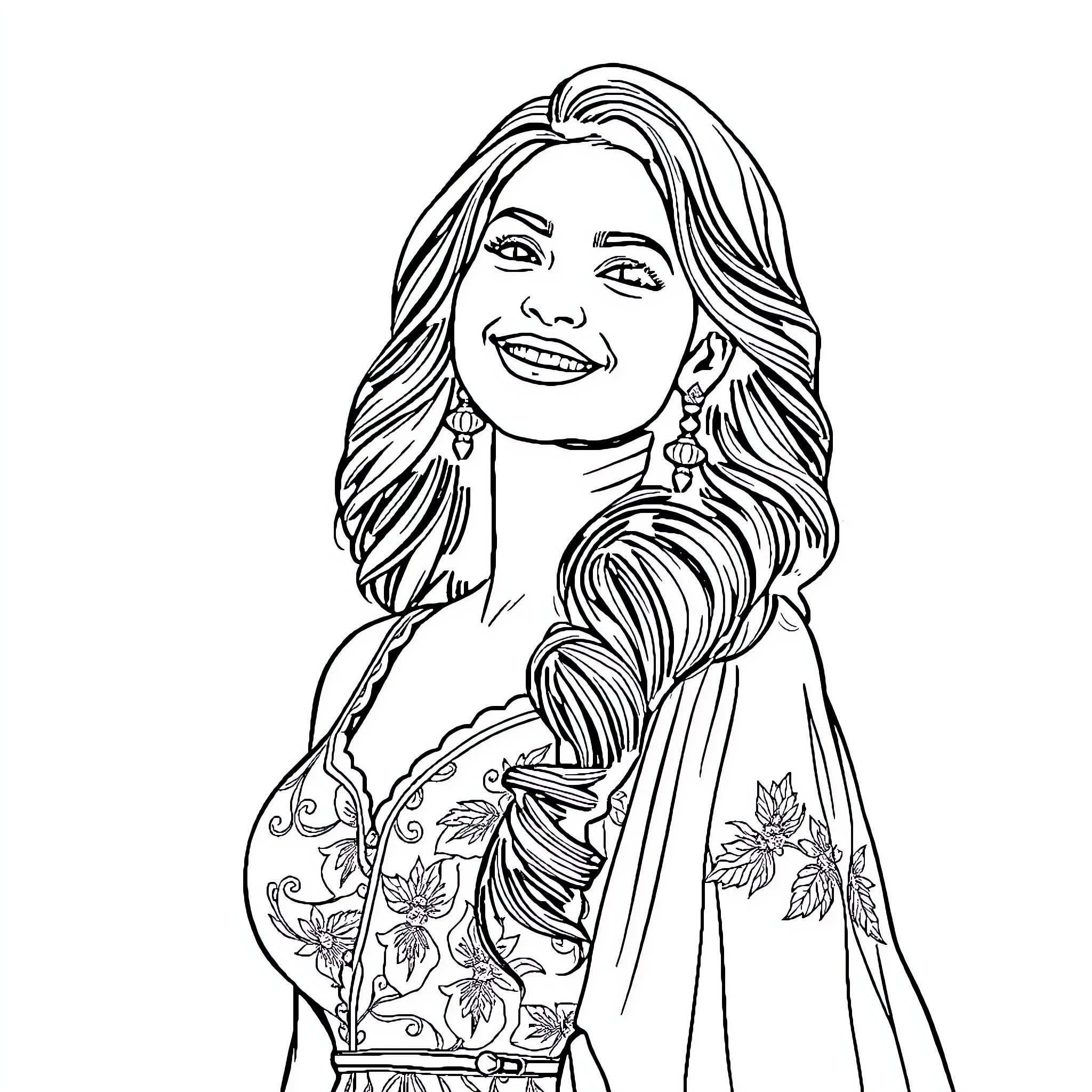 Deepika's Vibrant Floral Ensemble and Joyful Smile Coloring Page (free black-and-white line drawing printable PDF for all, from beginners to advanced learners, including children, teens, adults, and seniors)