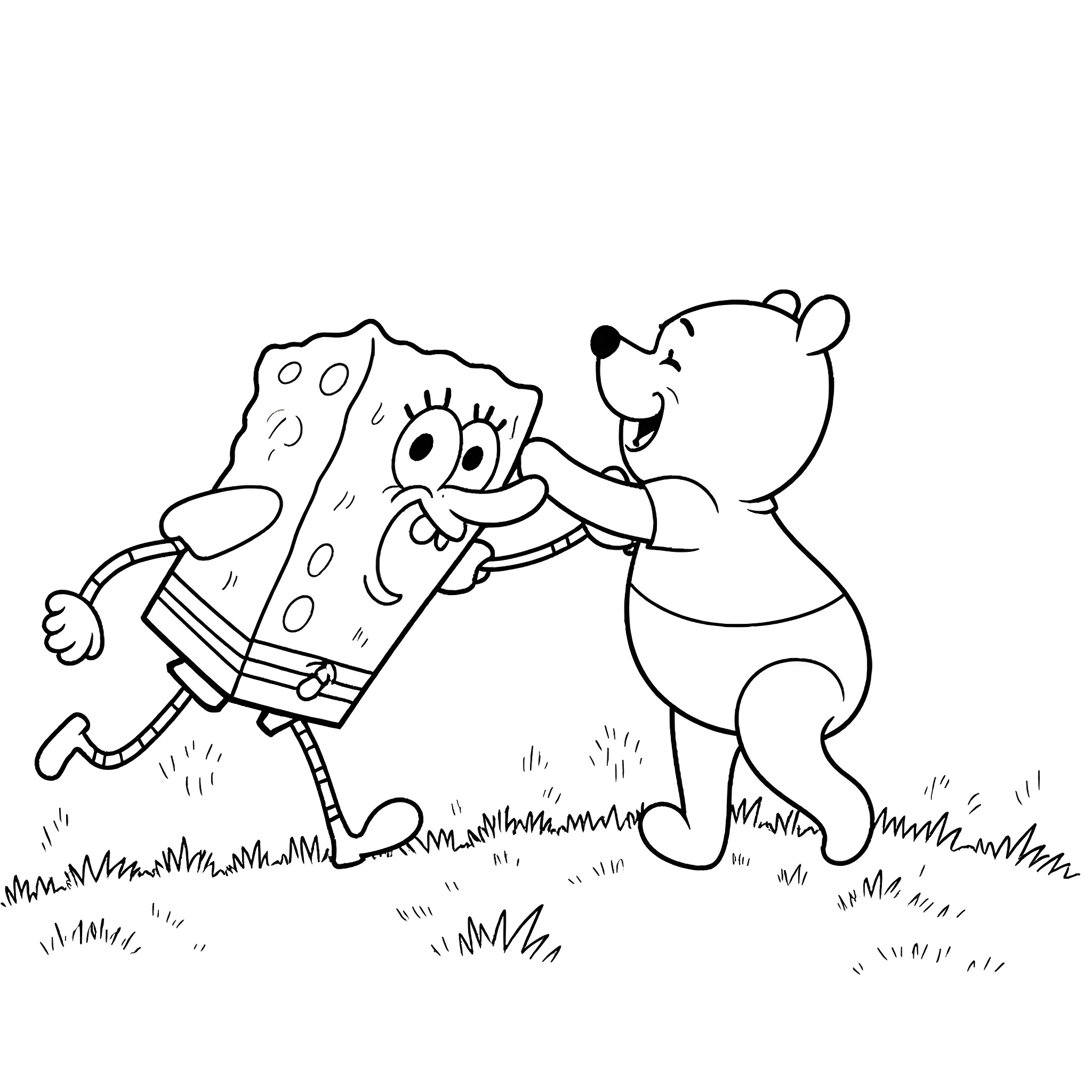Spongebob and Teddy Bear Embracing on Grassy Field Coloring Page (free black-and-white line drawing printable PDF for all, from beginners to advanced learners, including children, teens, adults, and seniors)