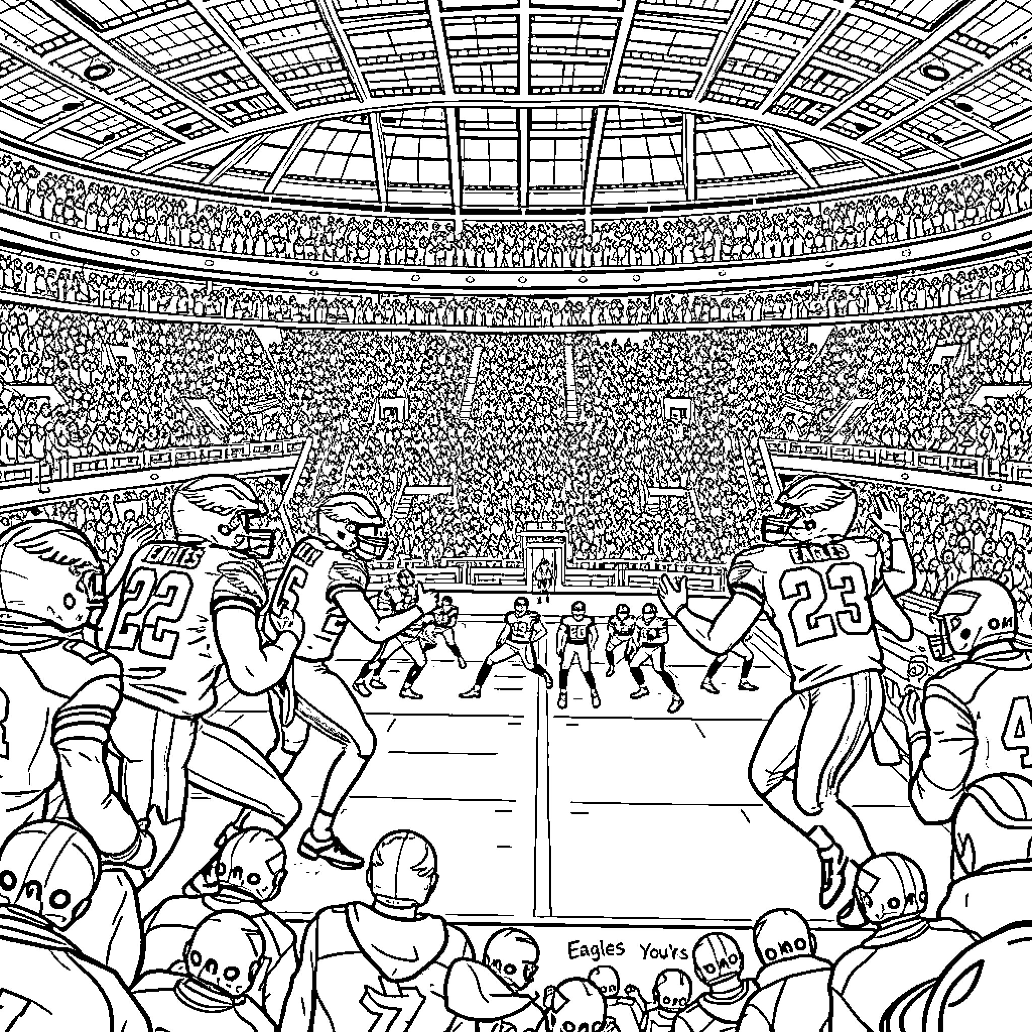 Eagle football game in a crowded stadium Coloring Page (free black-and-white line drawing printable PDF for all, from beginners to advanced learners, including children, teens, adults, and seniors)
