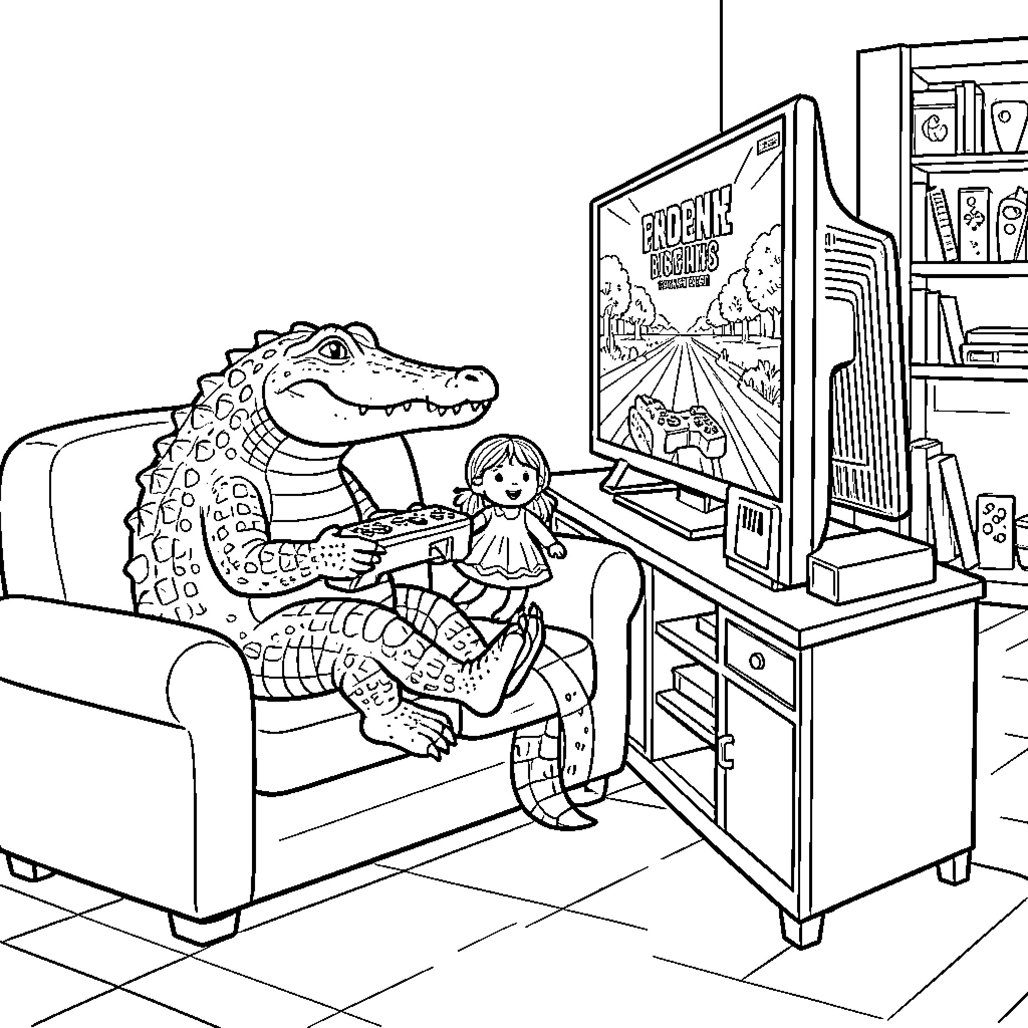 Crocodile sitting on a sofa watching television Coloring Page (free black-and-white line drawing printable PDF for all, from beginners to advanced learners, including children, teens, adults, and seniors)