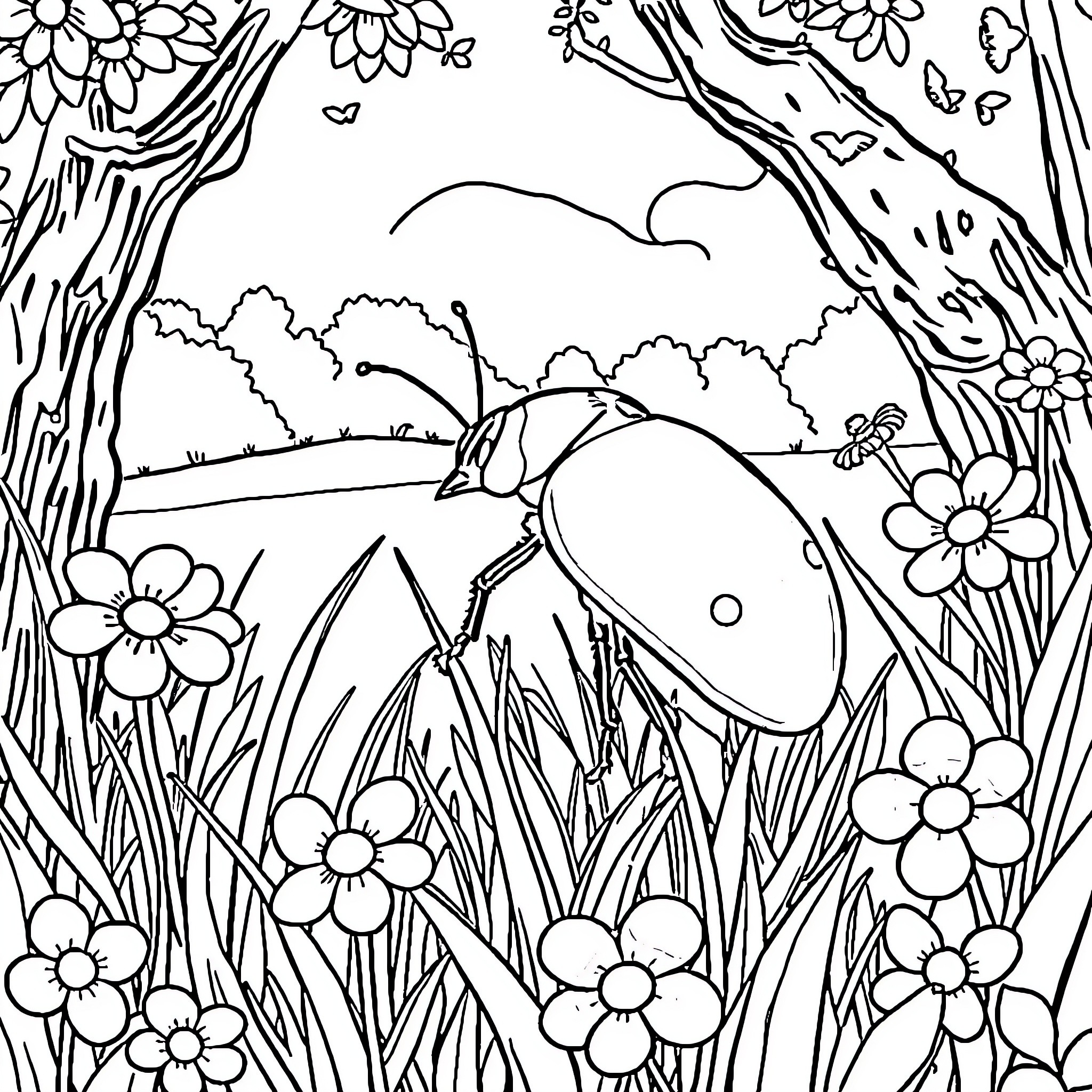 Ladybug surrounded by enchanting flowers and scenery Coloring Page (free black-and-white line drawing printable PDF for all, from beginners to advanced learners, including children, teens, adults, and seniors)