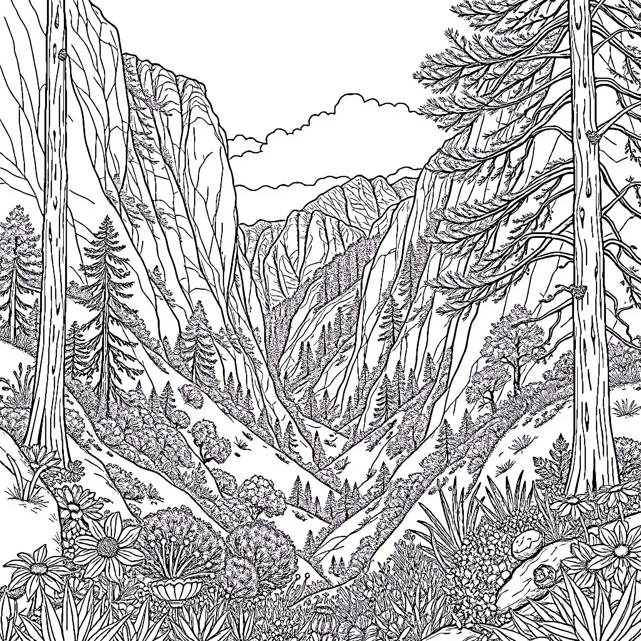 Topanga's Enchanting Mountain Landscape Coloring Page (free black-and-white line drawing printable PDF for all, from beginners to advanced learners, including children, teens, adults, and seniors)