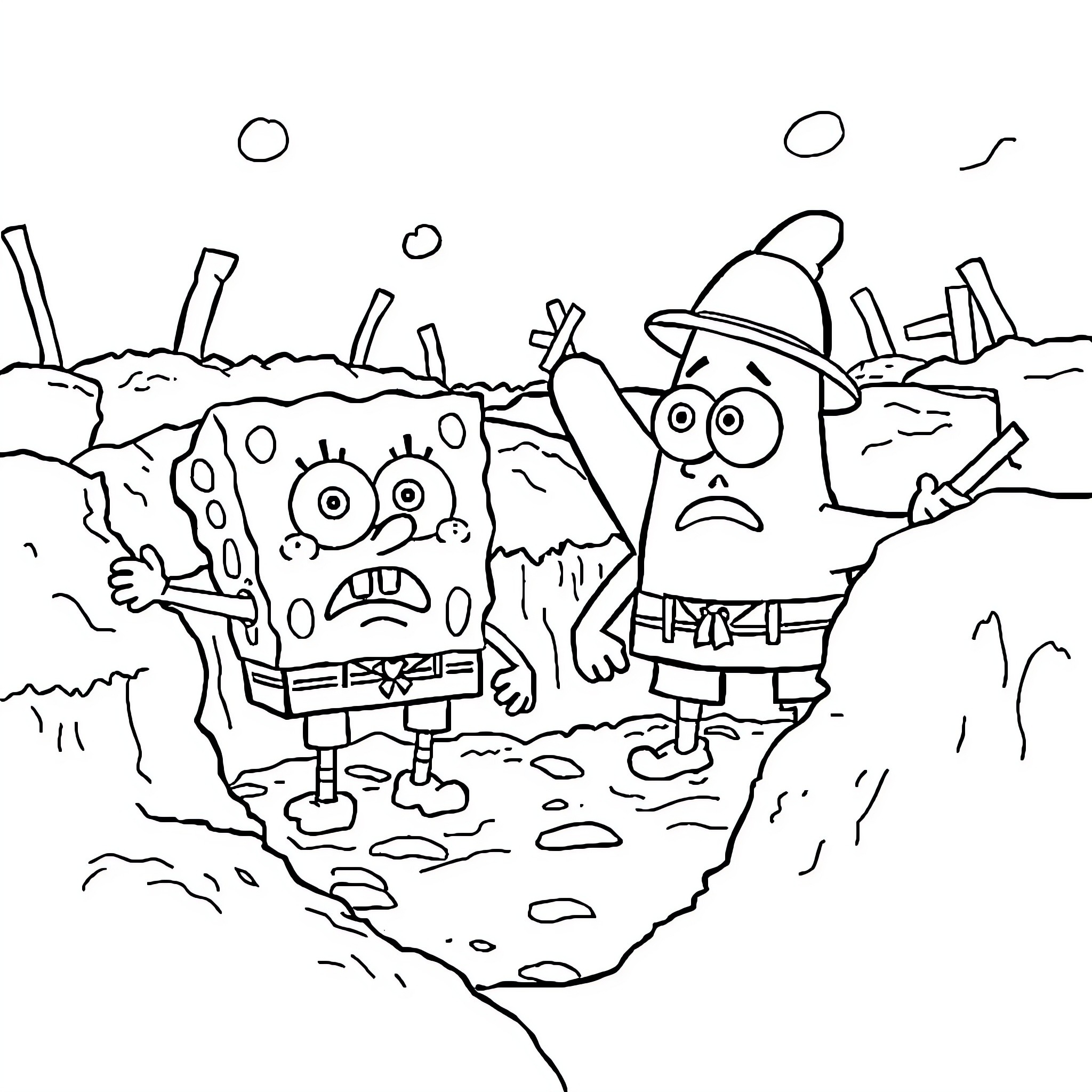 Spongebob and Patrick in comical underwater adventure Coloring Page (free black-and-white line drawing printable PDF for all, from beginners to advanced learners, including children, teens, adults, and seniors)
