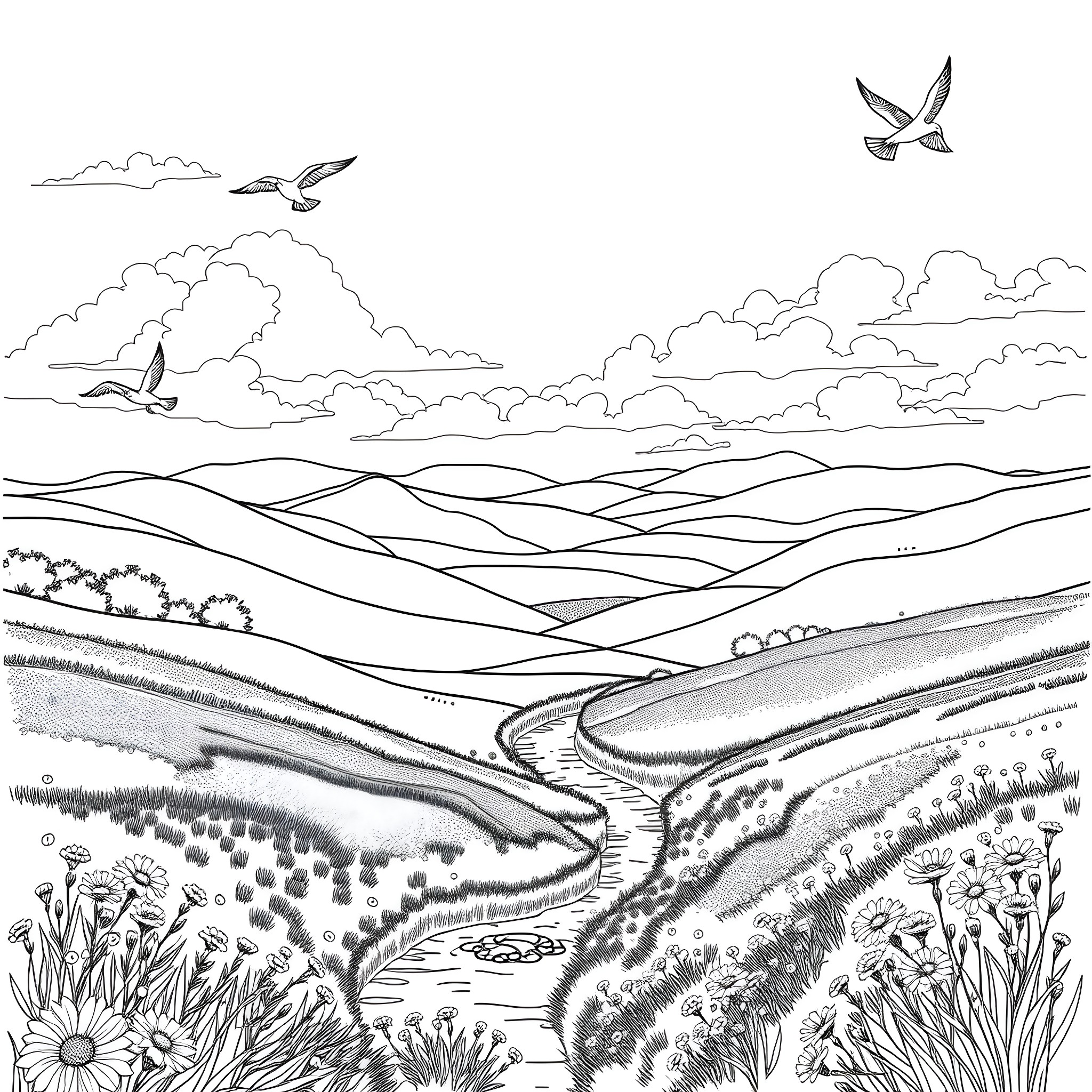 Nature's Tranquil Landscape with Soaring Birds Coloring Page (free black-and-white line drawing printable PDF for all, from beginners to advanced learners, including children, teens, adults, and seniors)