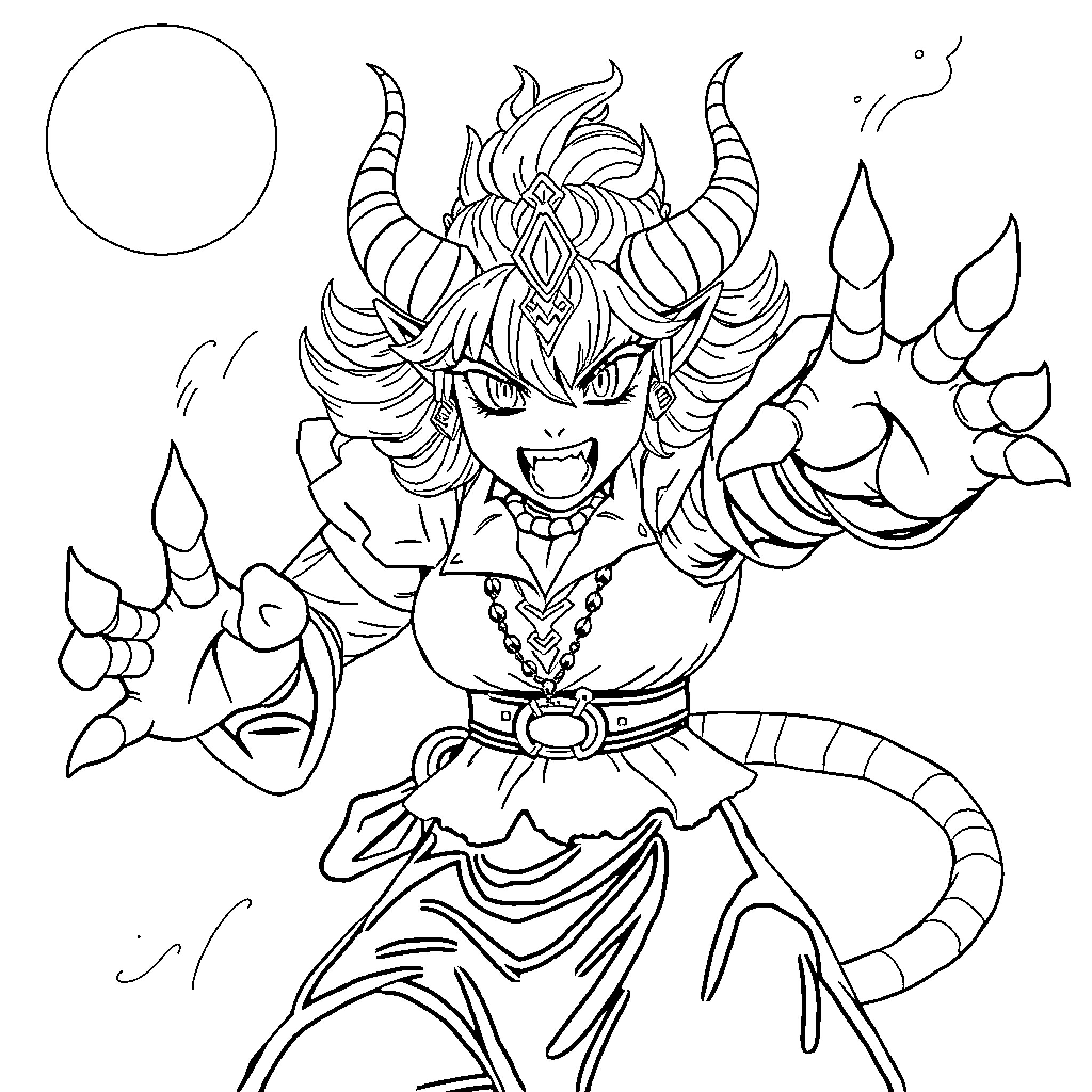 Nezuko in fierce demon form Coloring Page (free black-and-white line drawing printable PDF for all, from beginners to advanced learners, including children, teens, adults, and seniors)