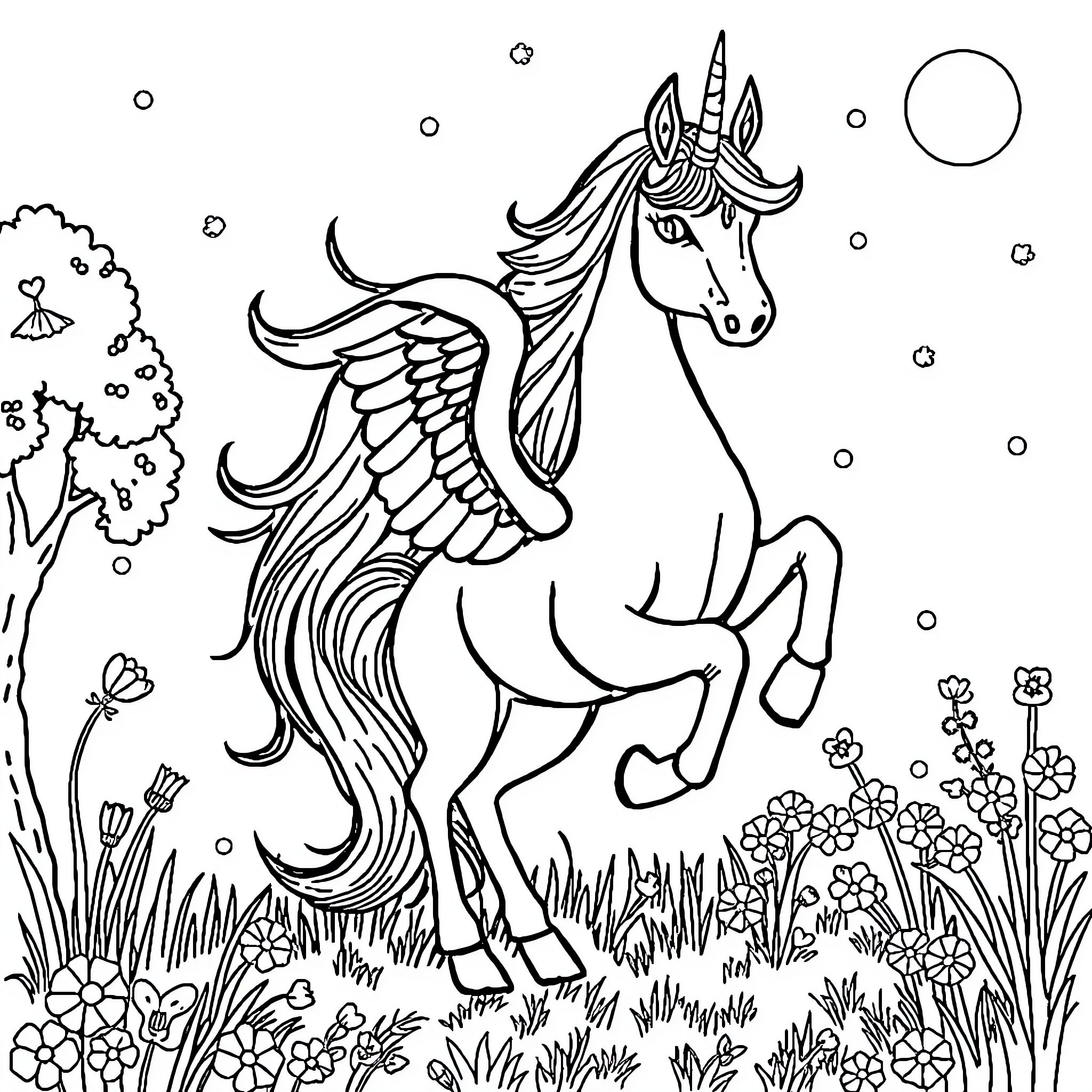 Unicorn frolicking through a magical meadow Coloring Page (free black-and-white line drawing printable PDF for all, from beginners to advanced learners, including children, teens, adults, and seniors)