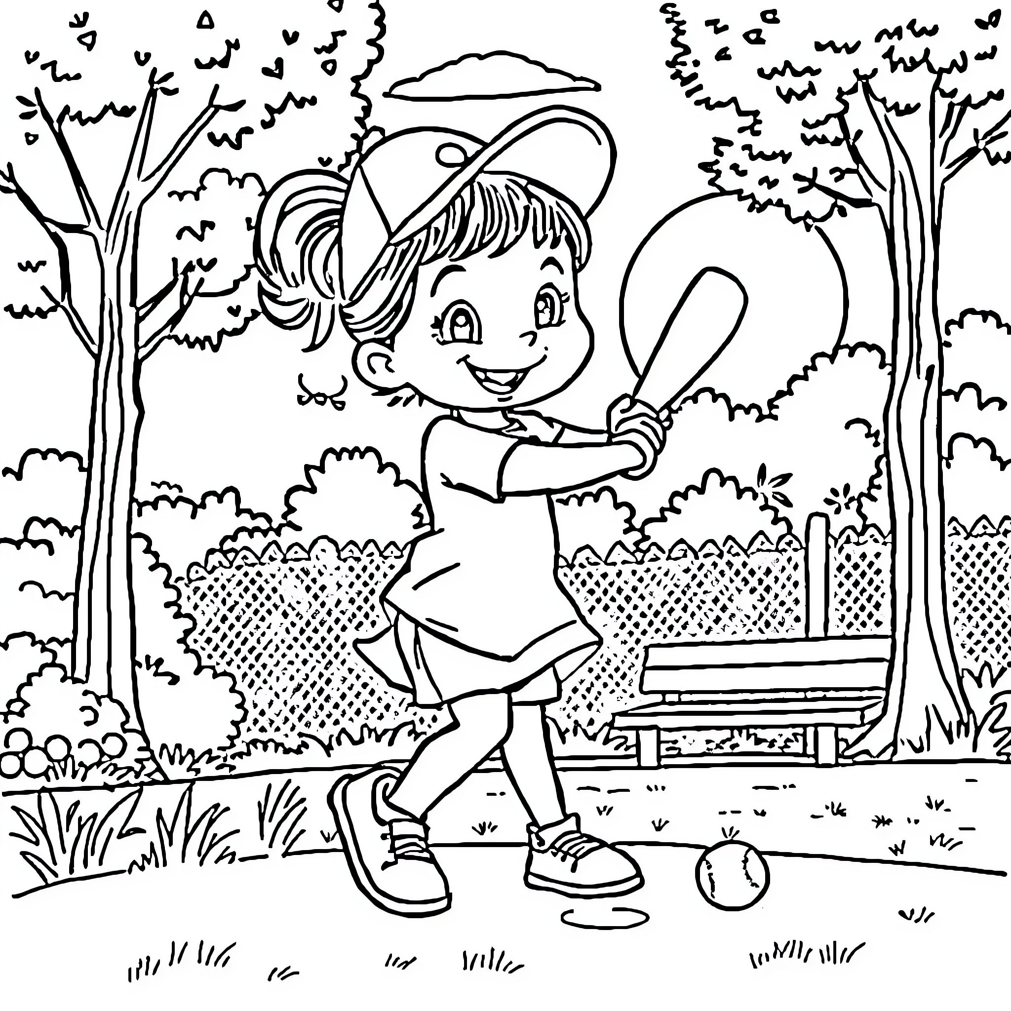Girl playing happily in a park Coloring Page (free black-and-white line drawing printable PDF for all, from beginners to advanced learners, including children, teens, adults, and seniors)