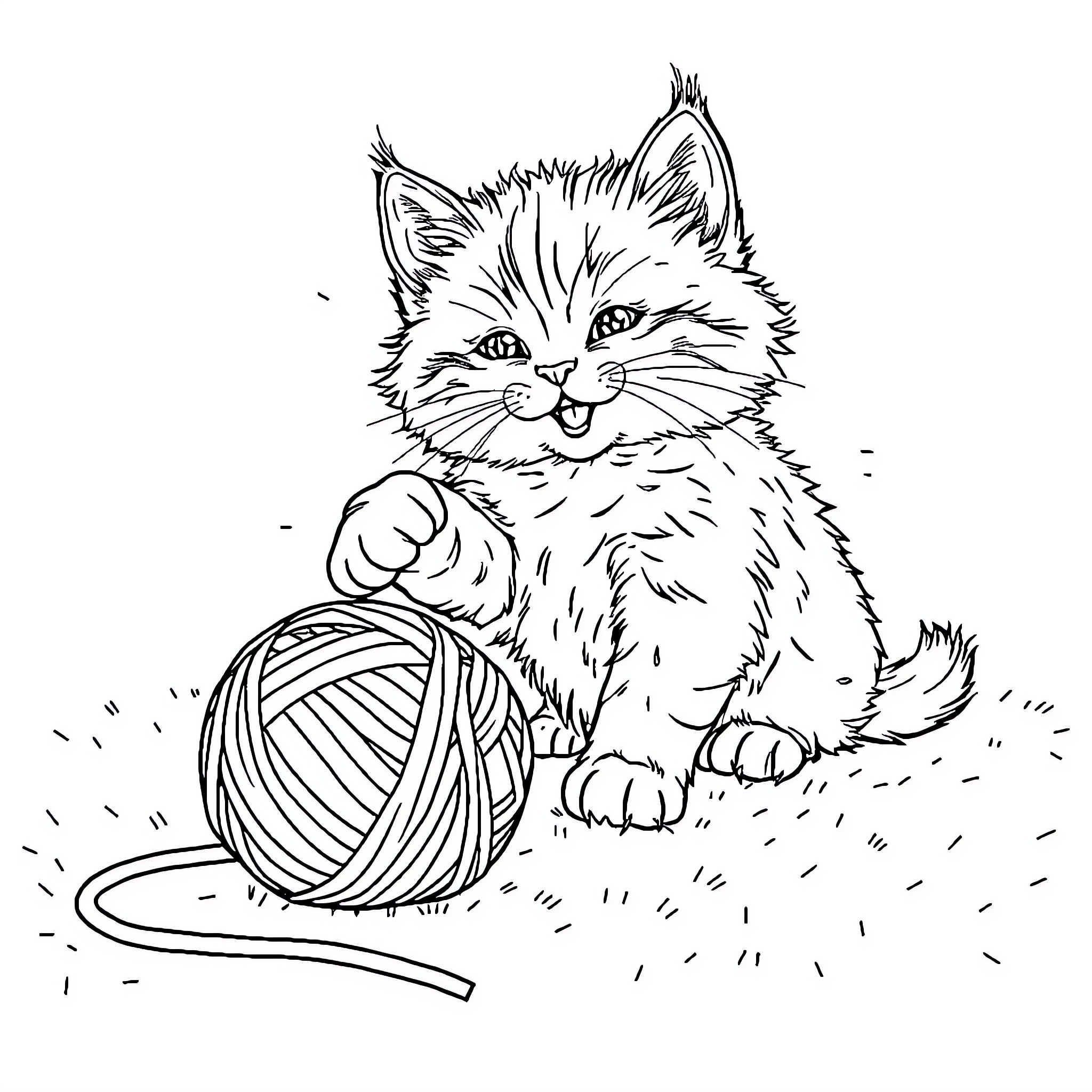 Kitten playing with yarn ball Coloring Page (free black-and-white line drawing printable PDF for all, from beginners to advanced learners, including children, teens, adults, and seniors)