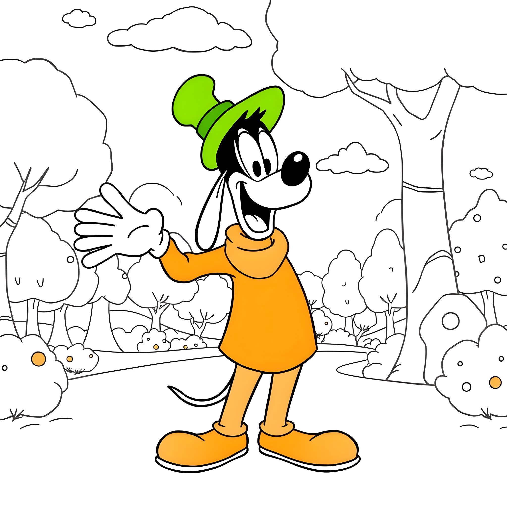 Goofy character in a whimsical outdoor setting Coloring Page (free black-and-white line drawing printable PDF for all, from beginners to advanced learners, including children, teens, adults, and seniors)