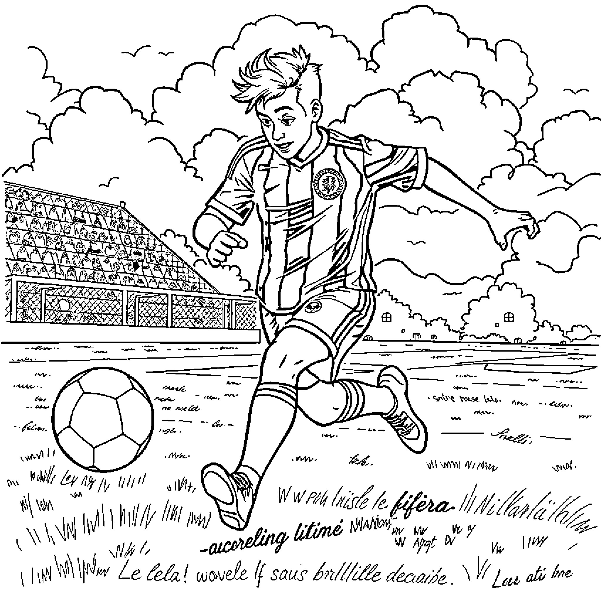 Cucurella kicking a soccer ball on the field Coloring Page (free black-and-white line drawing printable PDF for all, from beginners to advanced learners, including children, teens, adults, and seniors)