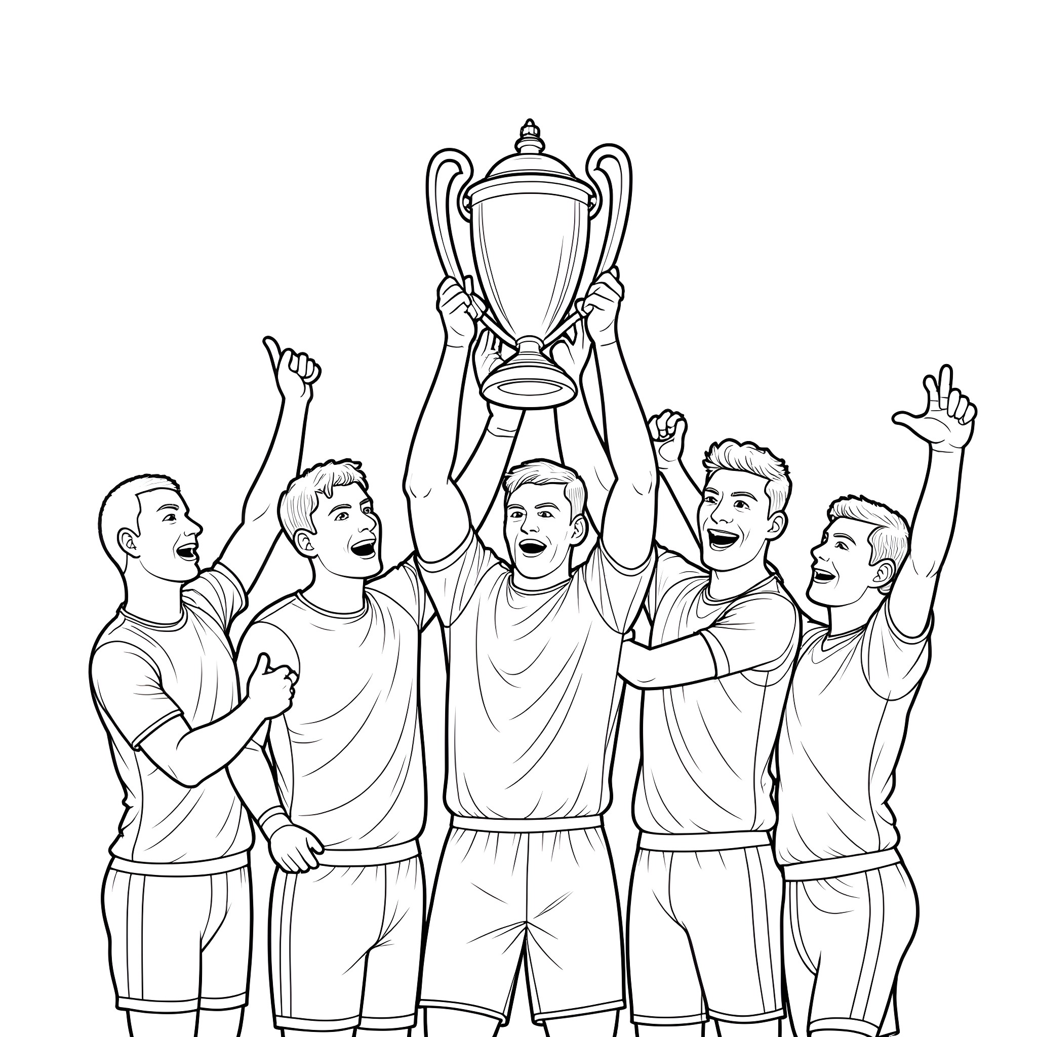 Liverpool players celebrating trophy victory together Coloring Page (free black-and-white line drawing printable PDF for all, from beginners to advanced learners, including children, teens, adults, and seniors)