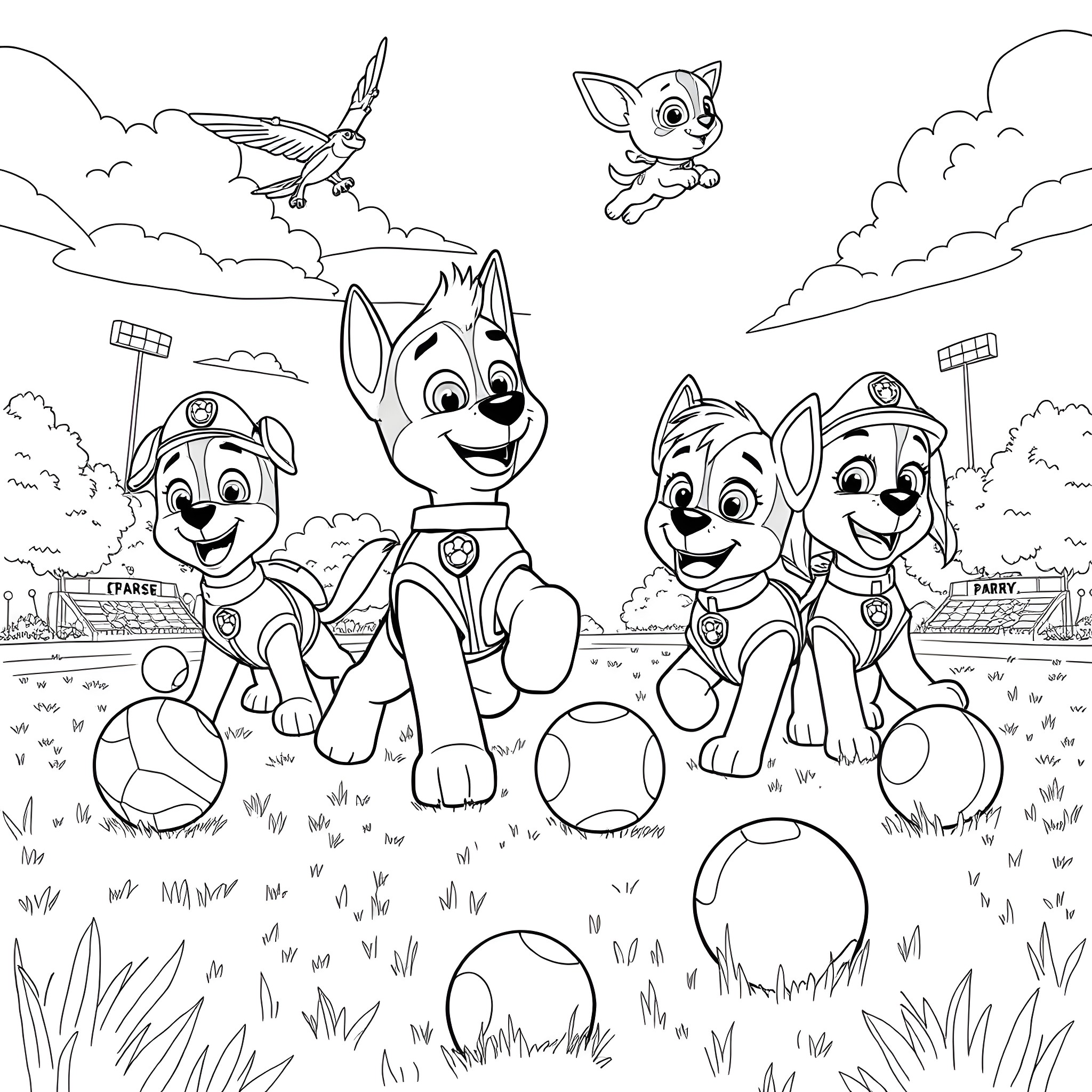 Paw Patrol Pups Happily Playing on the Field Coloring Page (free black-and-white line drawing printable PDF for all, from beginners to advanced learners, including children, teens, adults, and seniors)
