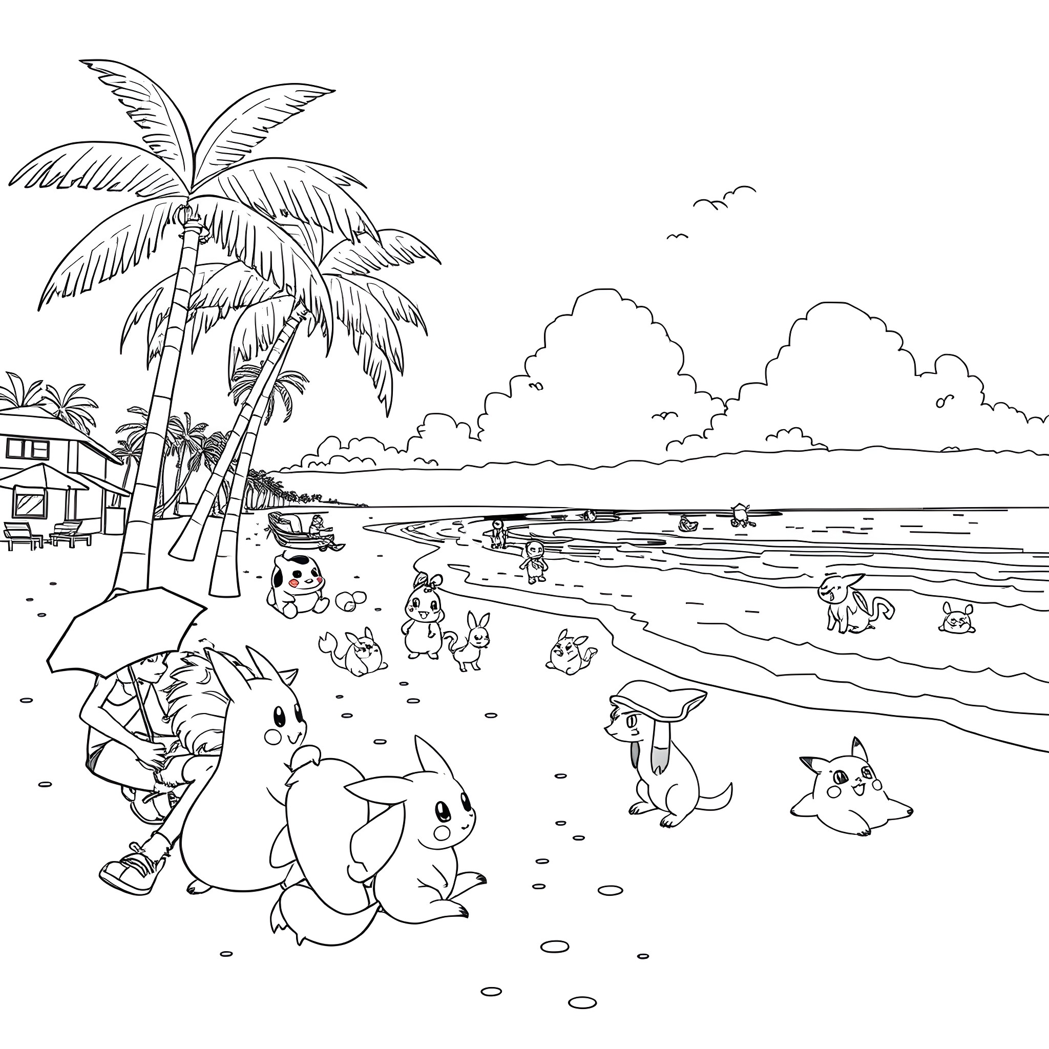 Pokémon enjoying a day at the beach Coloring Page (free black-and-white line drawing printable PDF for all, from beginners to advanced learners, including children, teens, adults, and seniors)