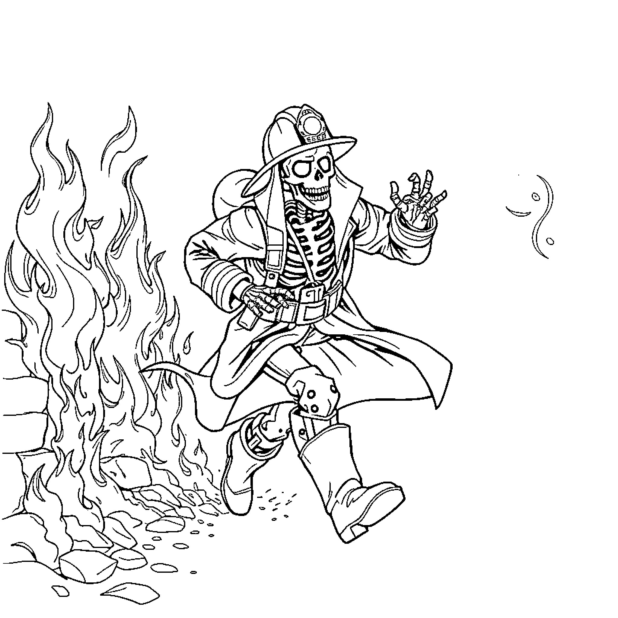 Skeleton Firefighter Bravely Battling Flames Coloring Page (free black-and-white line drawing printable PDF for all, from beginners to advanced learners, including children, teens, adults, and seniors)