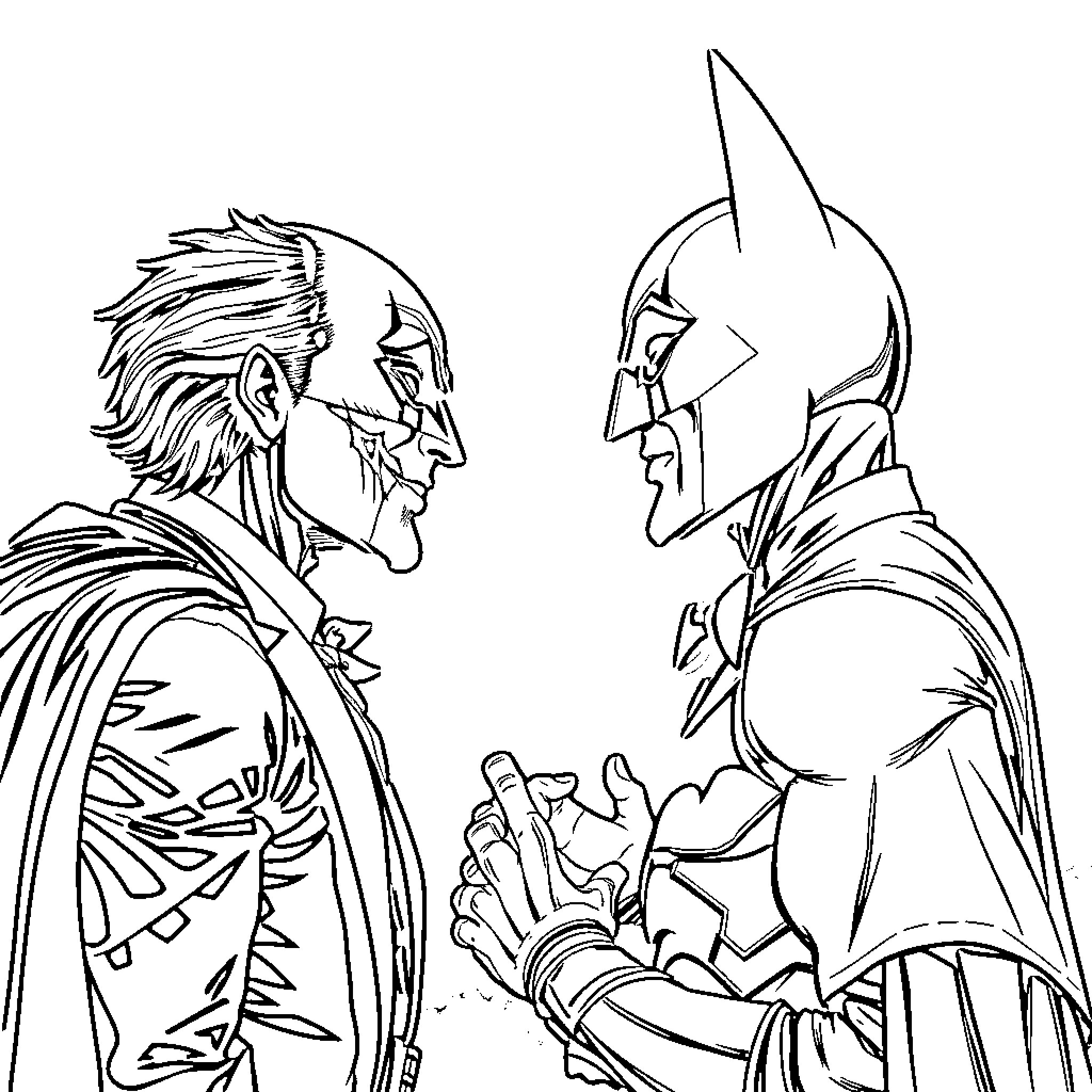 Joker characters in intense confrontation Coloring Page (free black-and-white line drawing printable PDF for all, from beginners to advanced learners, including children, teens, adults, and seniors)