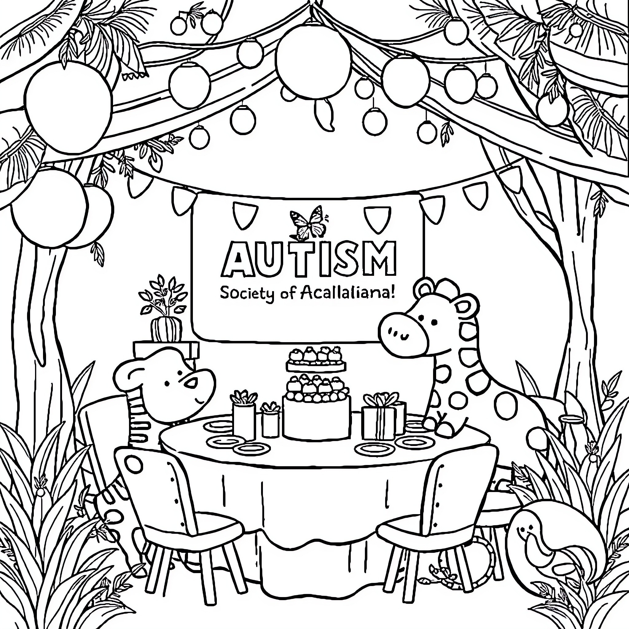 Zoo Celebration for Autism Awareness Coloring Page (free black-and-white line drawing printable PDF for all, from beginners to advanced learners, including children, teens, adults, and seniors)