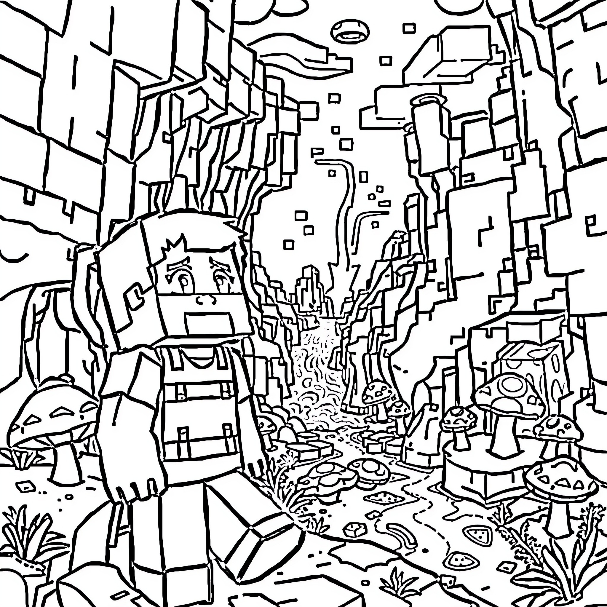 Steve exploring the fantastical digital world Coloring Page (free black-and-white line drawing printable PDF for all, from beginners to advanced learners, including children, teens, adults, and seniors)