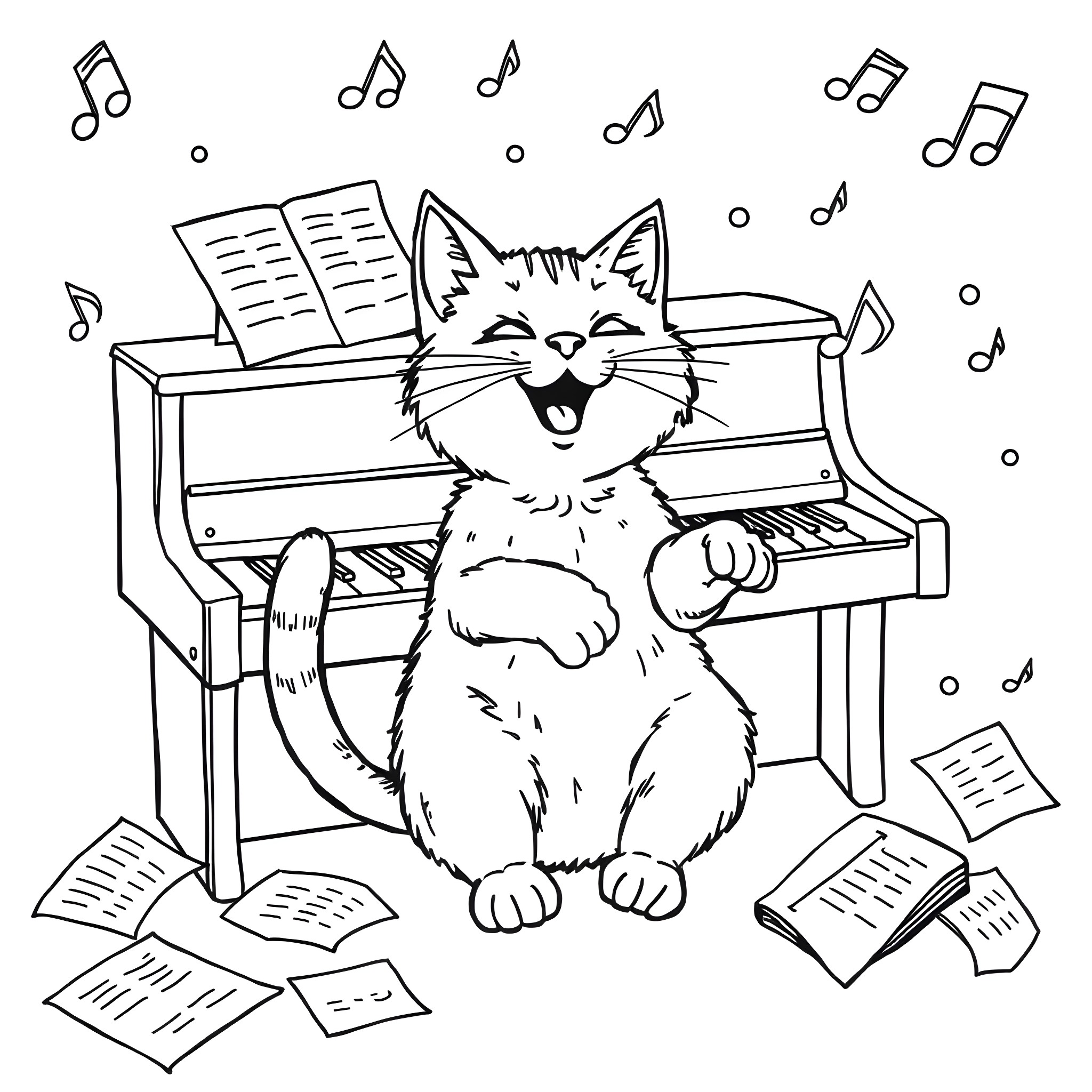 Cat Singing Happily on Piano with Music Notes Coloring Page (free black-and-white line drawing printable PDF for all, from beginners to advanced learners, including children, teens, adults, and seniors)