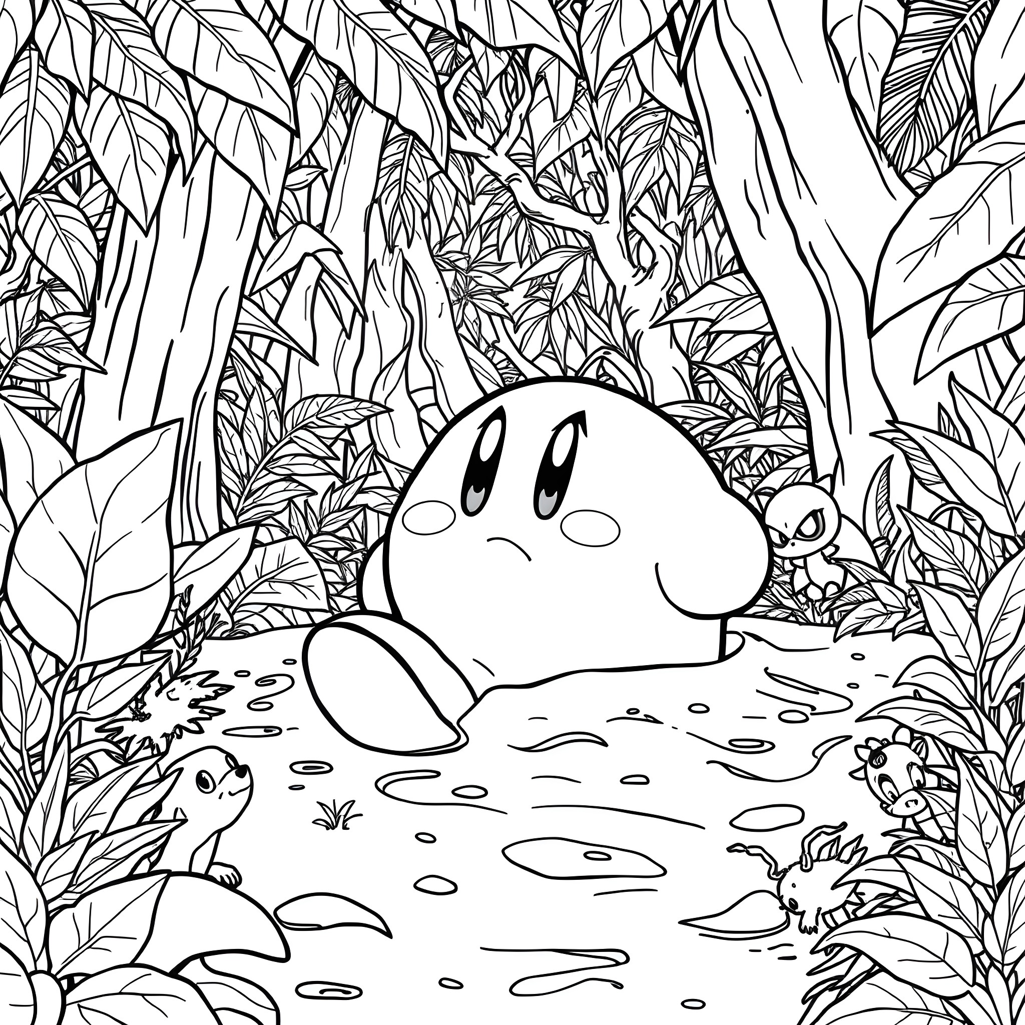 Kirby exploring the lush, tropical forest Coloring Page (free black-and-white line drawing printable PDF for all, from beginners to advanced learners, including children, teens, adults, and seniors)