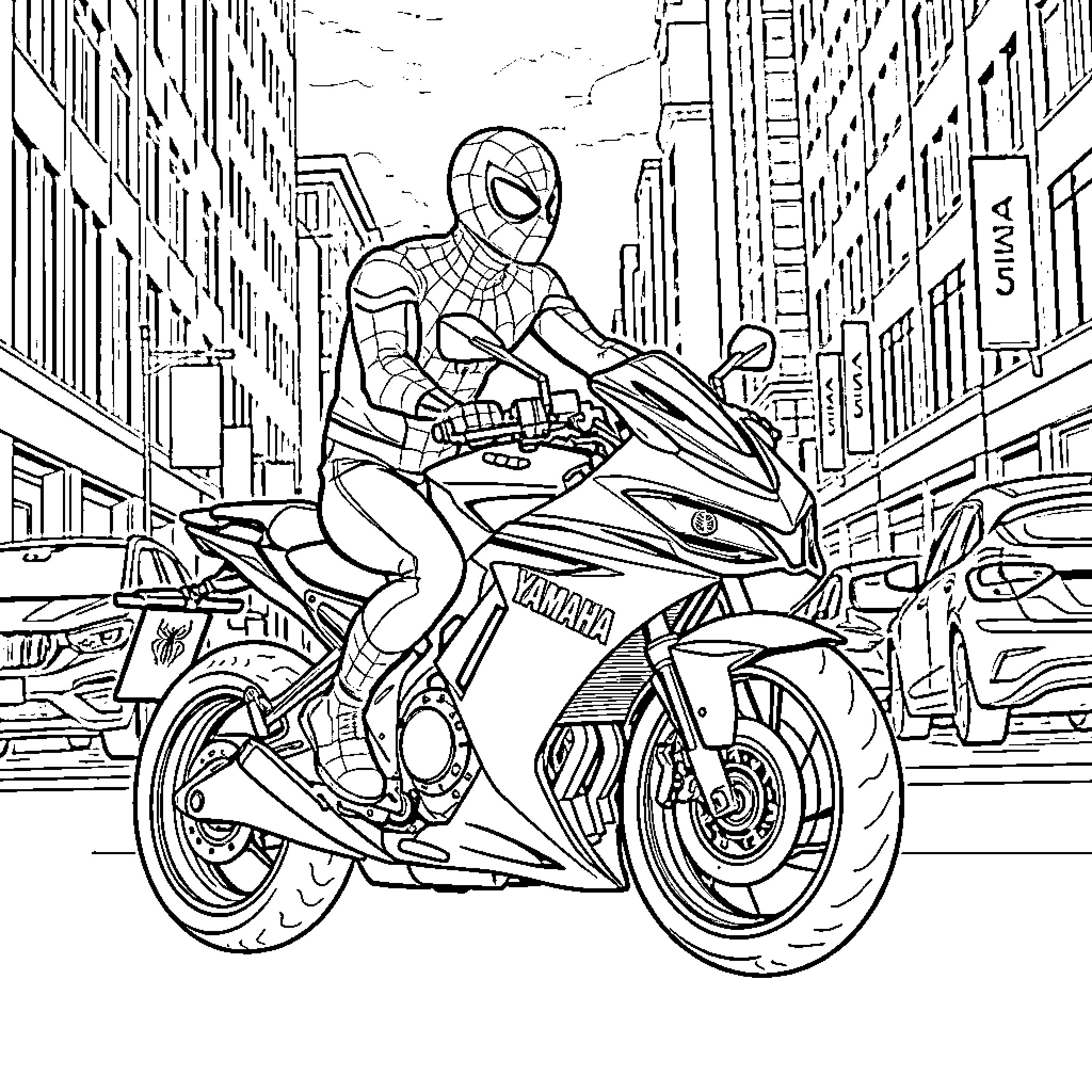 Spiderman riding a motorcycle in the city Coloring Page (free black-and-white line drawing printable PDF for all, from beginners to advanced learners, including children, teens, adults, and seniors)