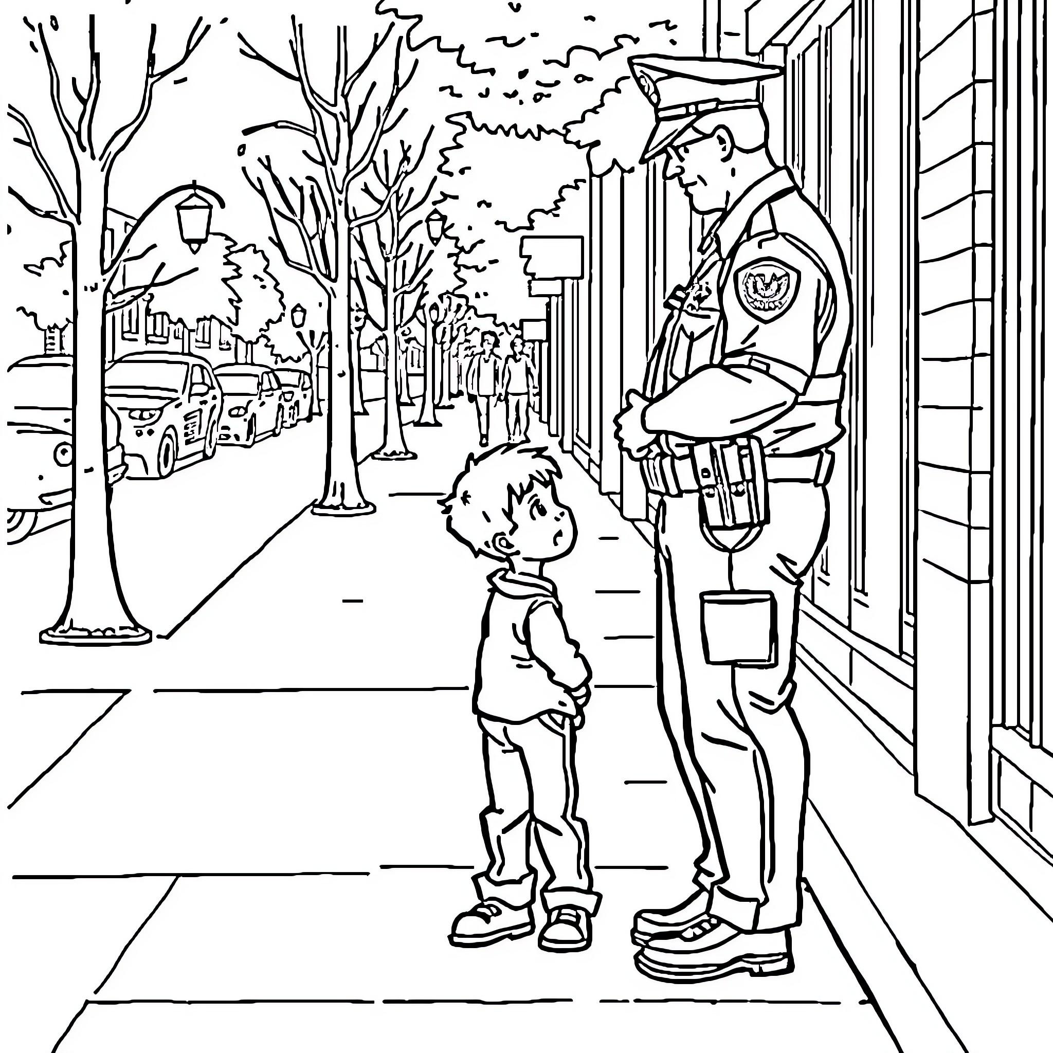Boy interacting with police officer on city street Coloring Page (free black-and-white line drawing printable PDF for all, from beginners to advanced learners, including children, teens, adults, and seniors)