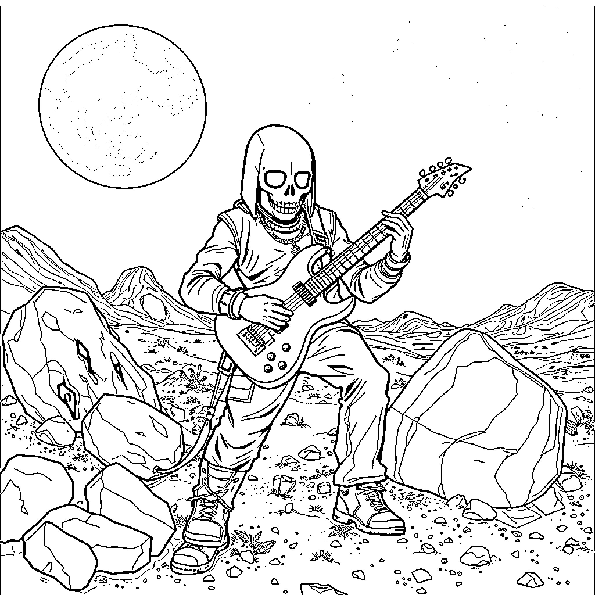 Buckethead plays guitar in the moonlit desert landscape Coloring Page (free black-and-white line drawing printable PDF for all, from beginners to advanced learners, including children, teens, adults, and seniors)