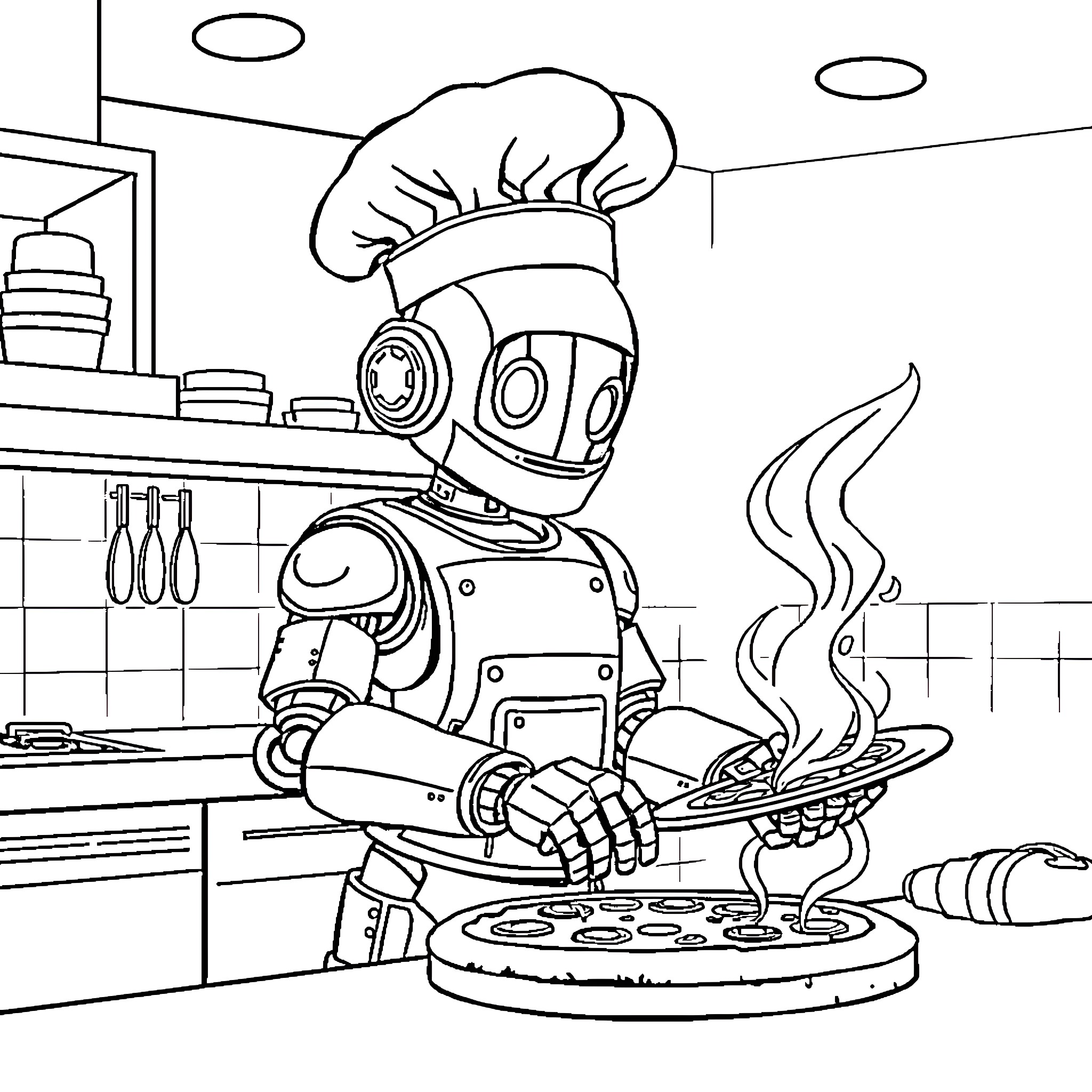 Robot Chef Cooking a Meal in the Kitchen Coloring Page (free black-and-white line drawing printable PDF for all, from beginners to advanced learners, including children, teens, adults, and seniors)