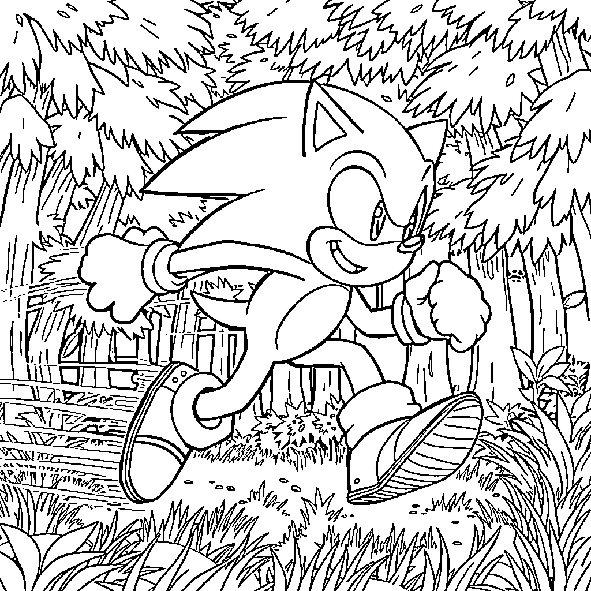 Sonic the Hedgehog running through lush forest Coloring Page (free black-and-white line drawing printable PDF for all, from beginners to advanced learners, including children, teens, adults, and seniors)