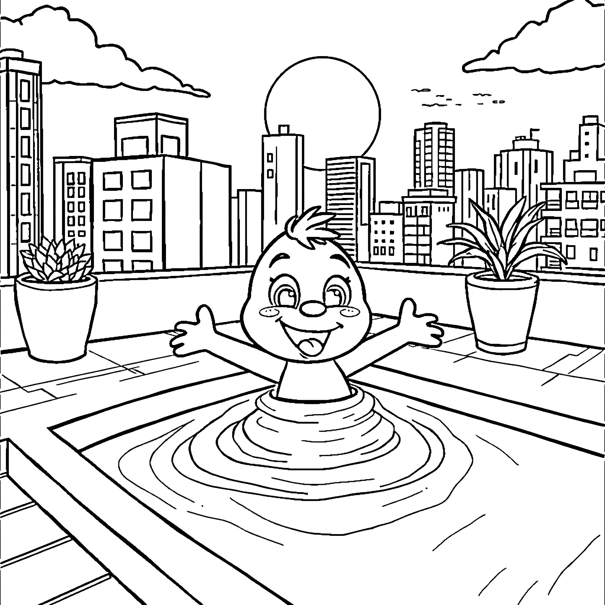 Bluey playing happily in the city fountain Coloring Page (free black-and-white line drawing printable PDF for all, from beginners to advanced learners, including children, teens, adults, and seniors)