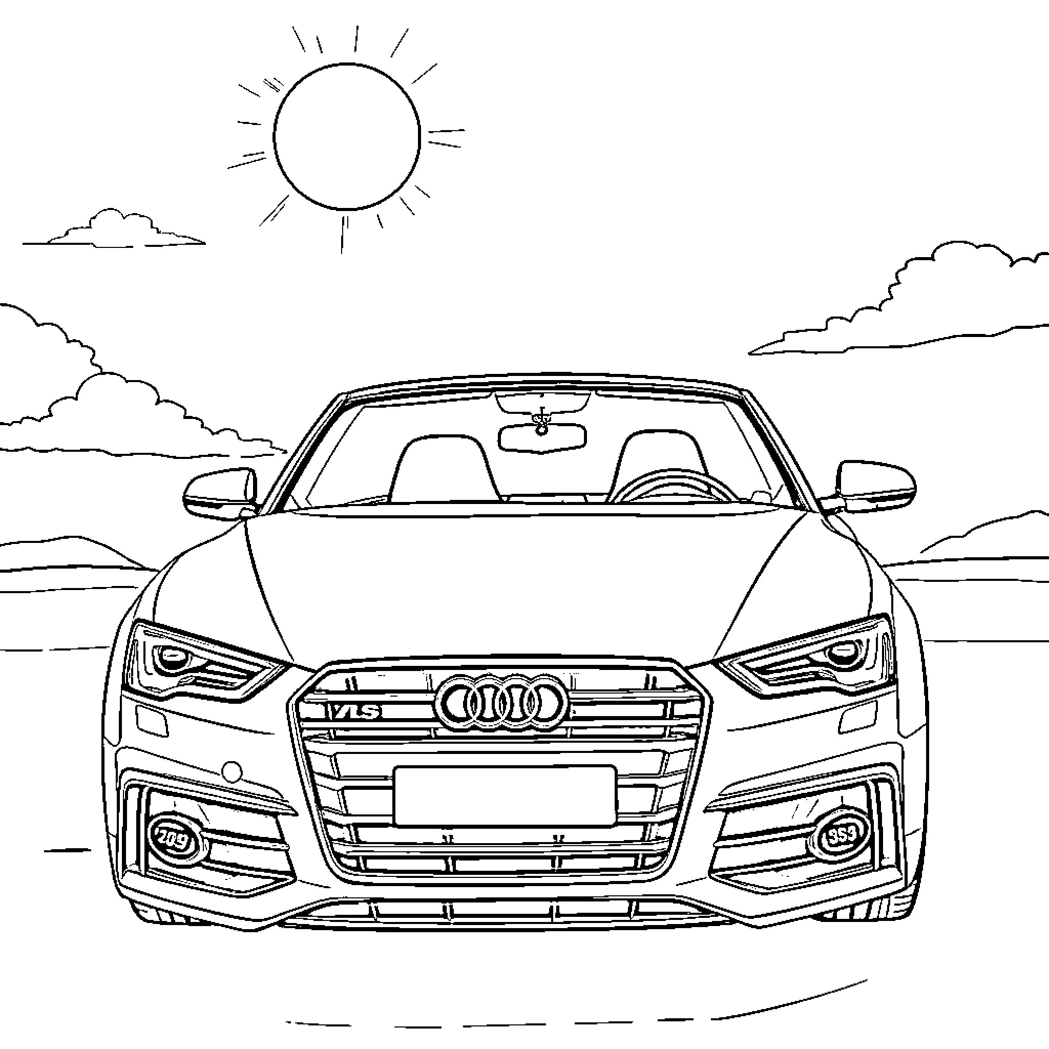 Audi S5 on the open road Coloring Page (free black-and-white line drawing printable PDF for all, from beginners to advanced learners, including children, teens, adults, and seniors)