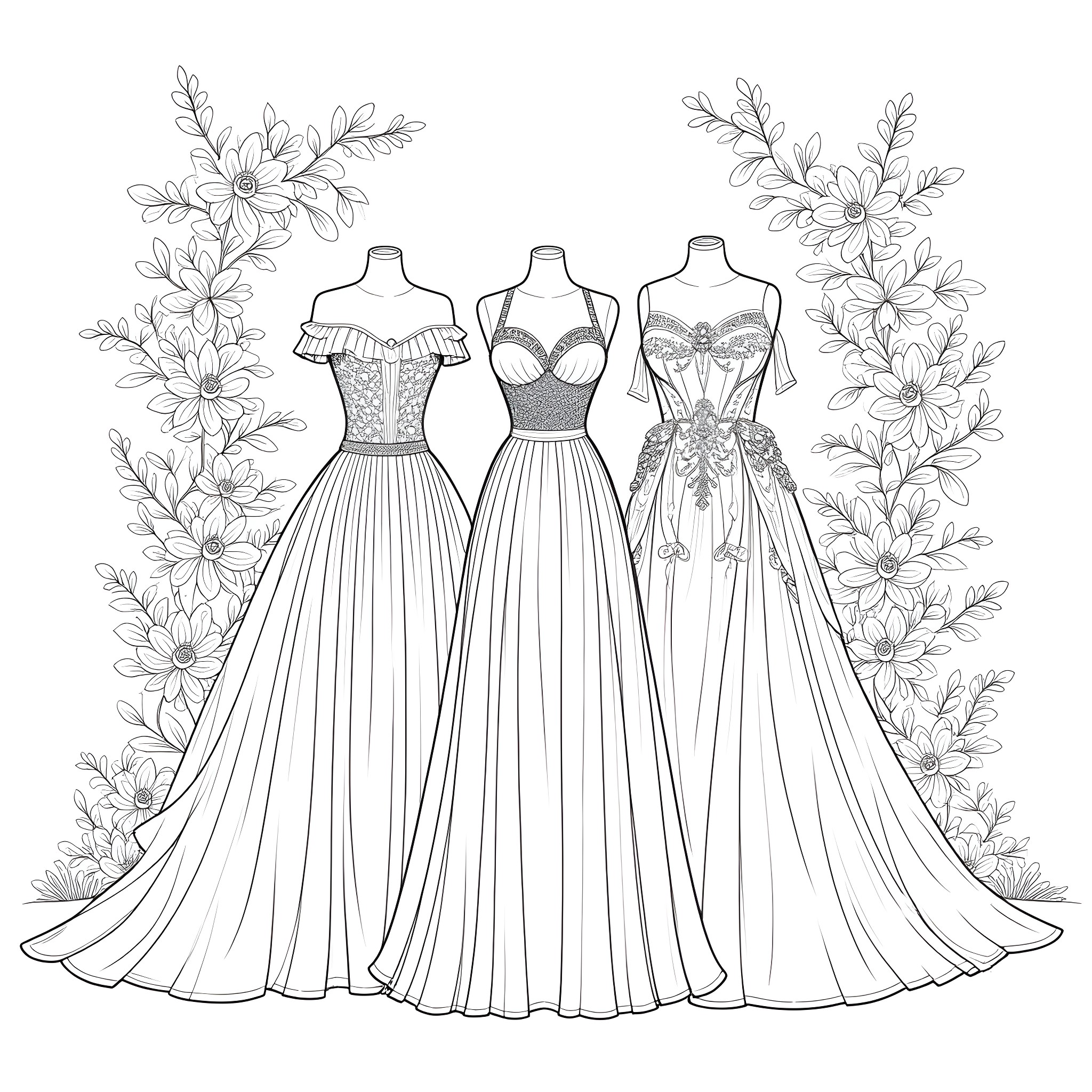 Dress designs featuring elegant gowns Coloring Page (free black-and-white line drawing printable PDF for all, from beginners to advanced learners, including children, teens, adults, and seniors)