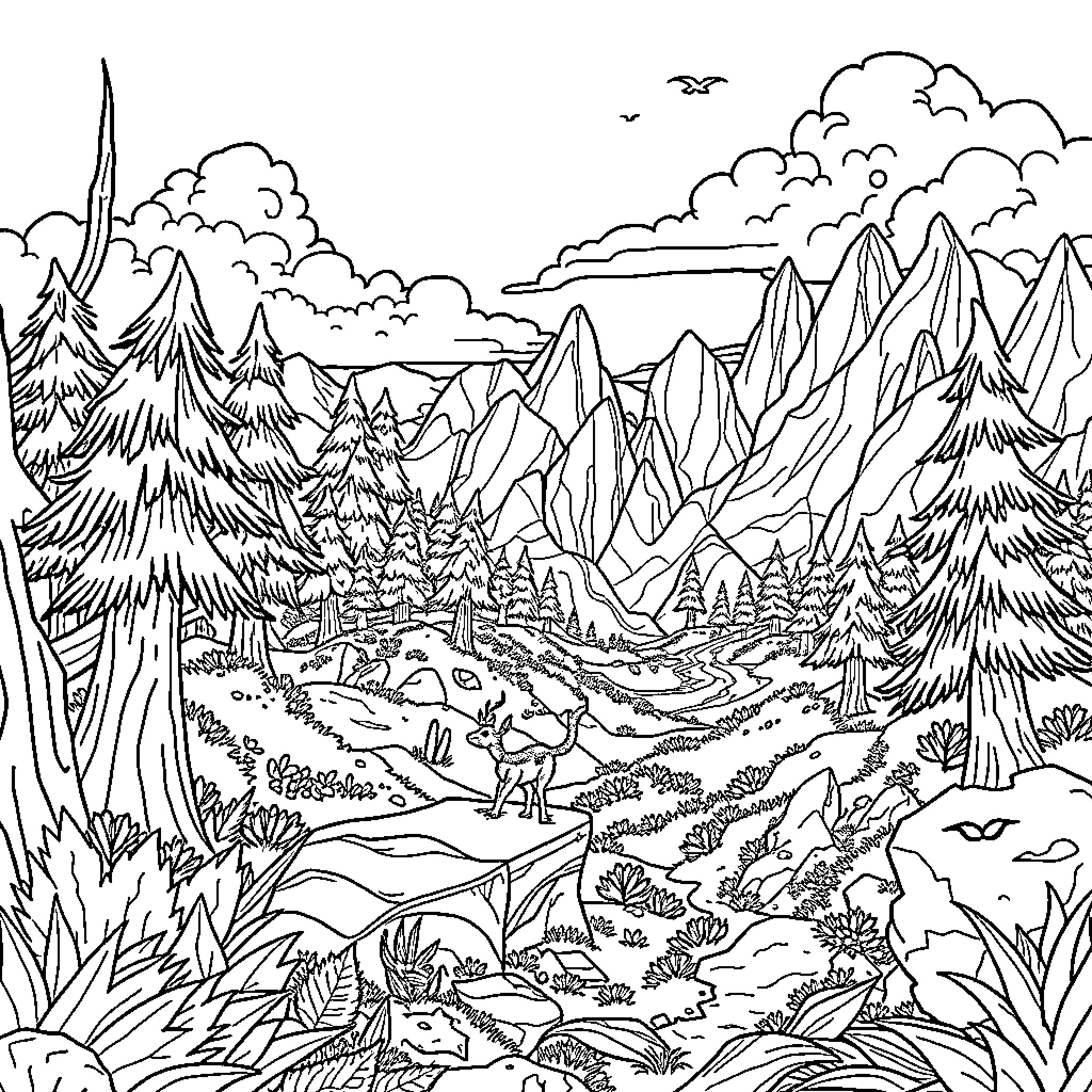 Huntix: Scenic Mountain Landscape with Wildlife Coloring Page (free black-and-white line drawing printable PDF for all, from beginners to advanced learners, including children, teens, adults, and seniors)