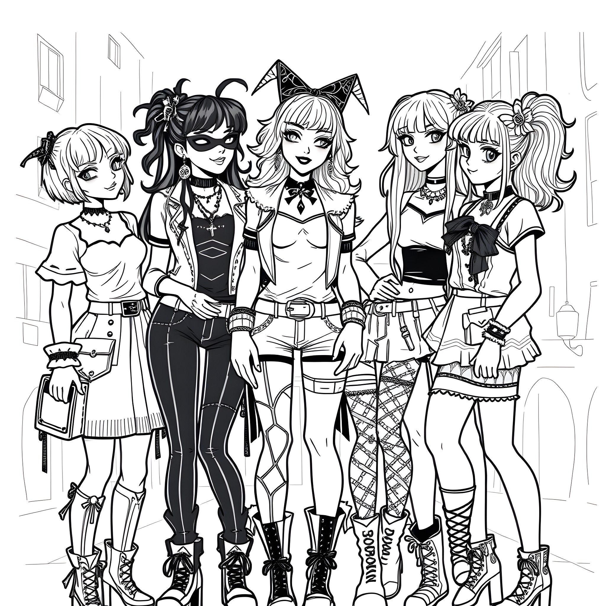 Goth Girls Posing in Stylish Outfits Coloring Page (free black-and-white line drawing printable PDF for all, from beginners to advanced learners, including children, teens, adults, and seniors)