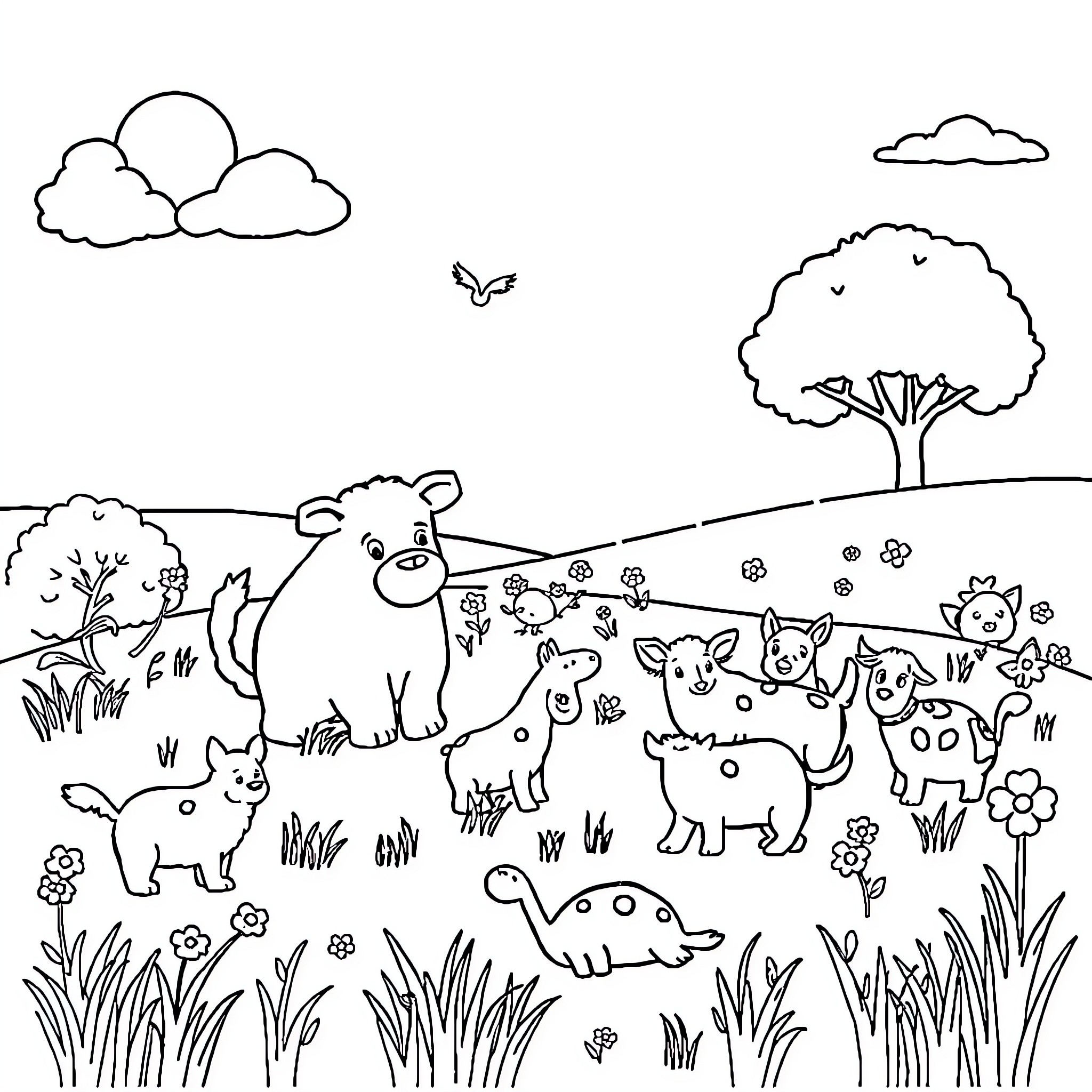 Animal friends in a tranquil meadow Coloring Page (free black-and-white line drawing printable PDF for all, from beginners to advanced learners, including children, teens, adults, and seniors)