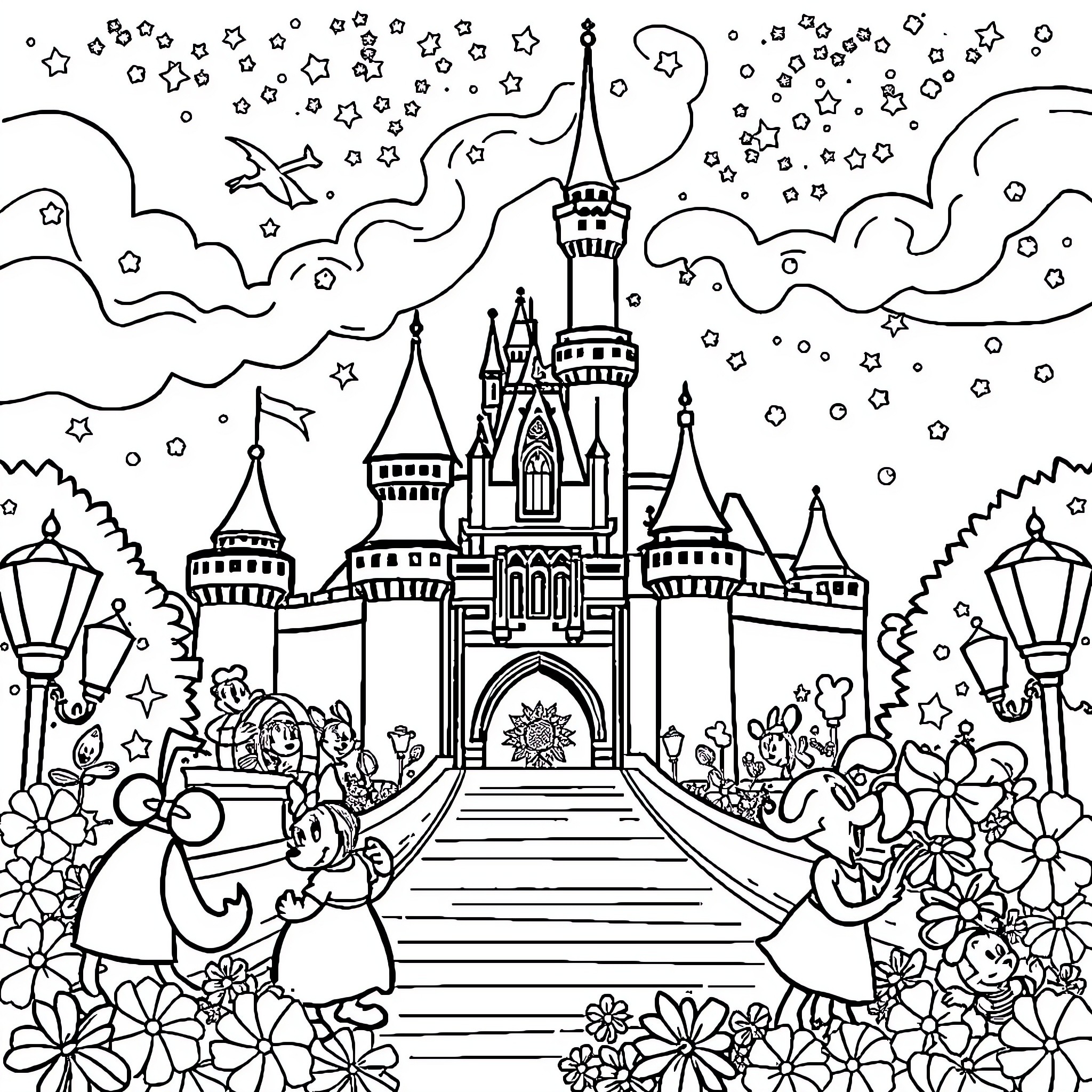 Disney Castle with Fantastical Characters and Decorations Coloring Page (free black-and-white line drawing printable PDF for all, from beginners to advanced learners, including children, teens, adults, and seniors)