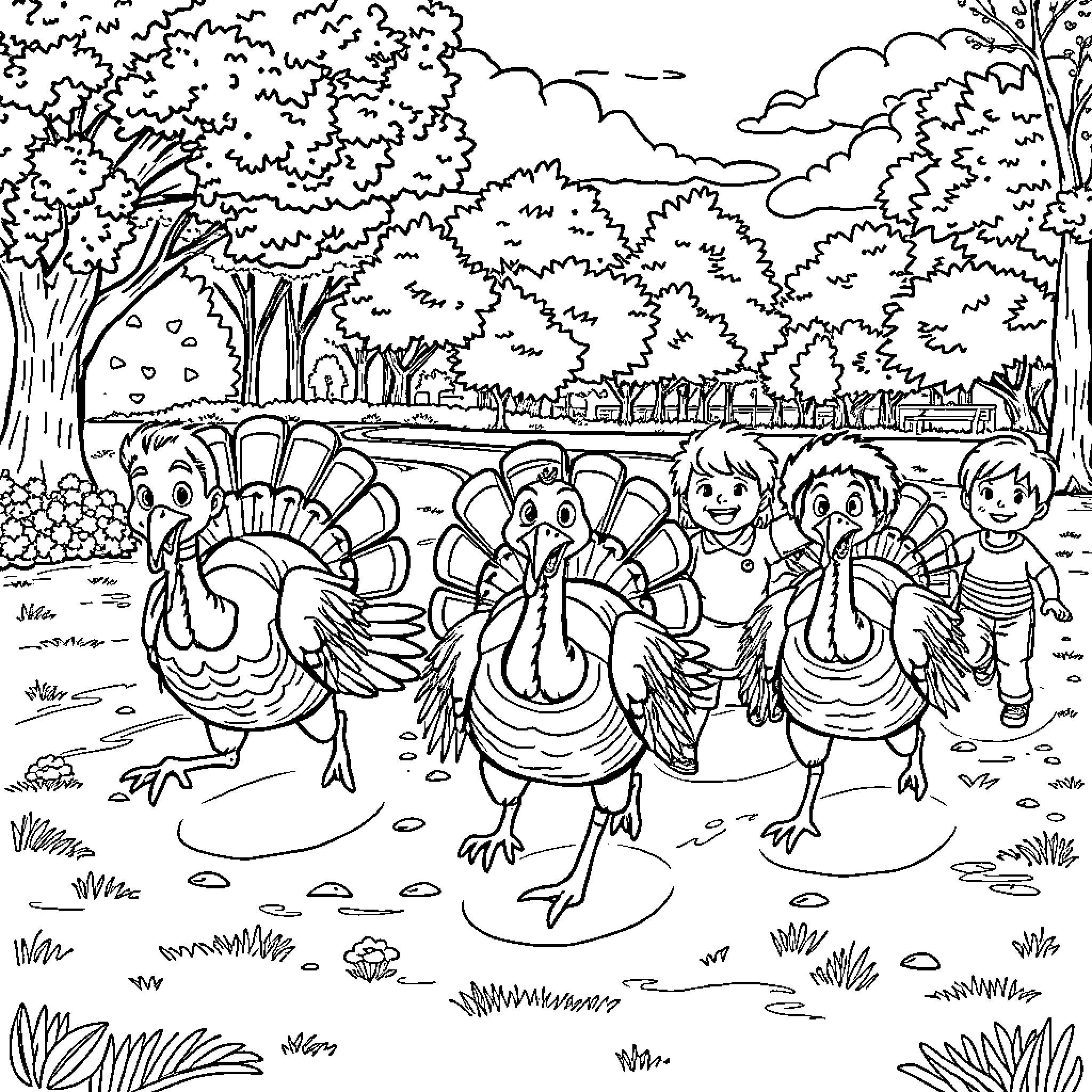 Turkey Gathering in the Forest Landscape Coloring Page (free black-and-white line drawing printable PDF for all, from beginners to advanced learners, including children, teens, adults, and seniors)