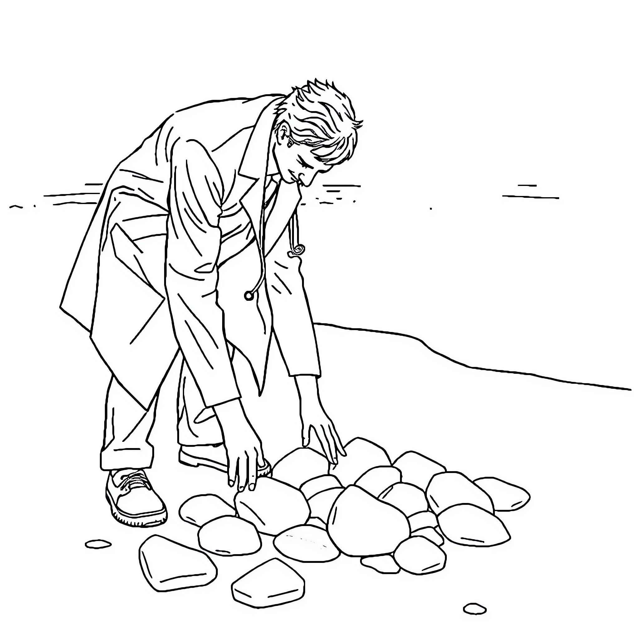 Doctor Examining Stones in the Field Coloring Page (free black-and-white line drawing printable PDF for all, from beginners to advanced learners, including children, teens, adults, and seniors)