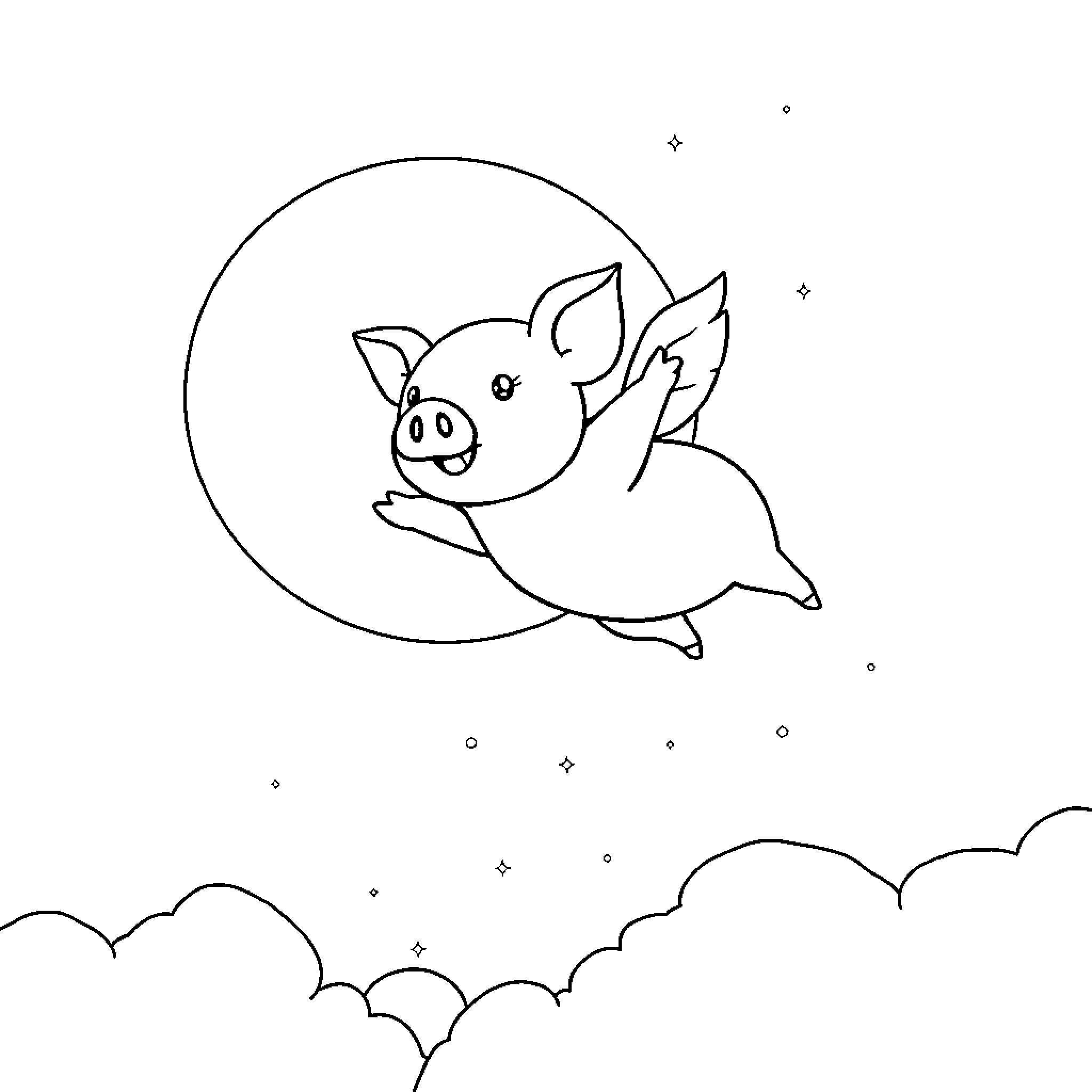 Pig flying joyfully in the night sky Coloring Page (free black-and-white line drawing printable PDF for all, from beginners to advanced learners, including children, teens, adults, and seniors)