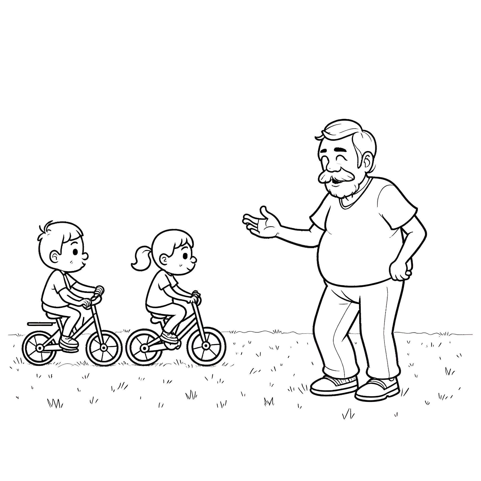 Man teaching children to ride bicycles Coloring Page (free black-and-white line drawing printable PDF for all, from beginners to advanced learners, including children, teens, adults, and seniors)