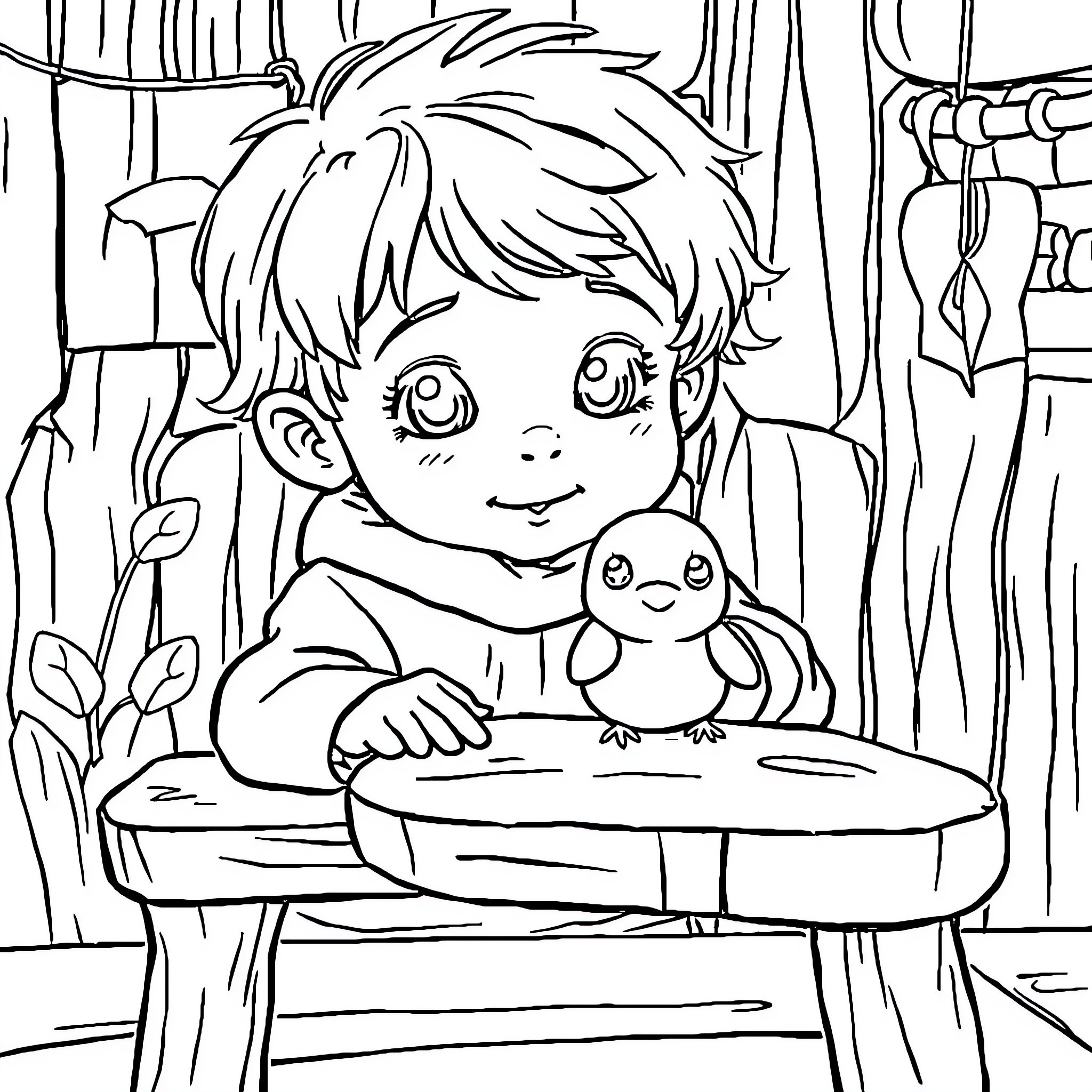 Enfant playing with toy in room Coloring Page (free black-and-white line drawing printable PDF for all, from beginners to advanced learners, including children, teens, adults, and seniors)
