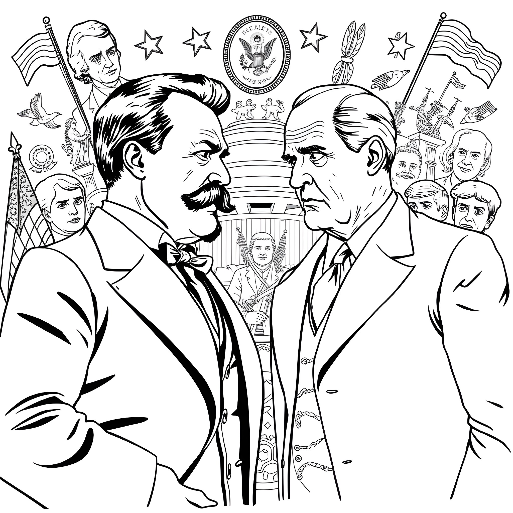 Theodore Roosevelt and Political Leaders in Formal Attire Coloring Page (free black-and-white line drawing printable PDF for all, from beginners to advanced learners, including children, teens, adults, and seniors)