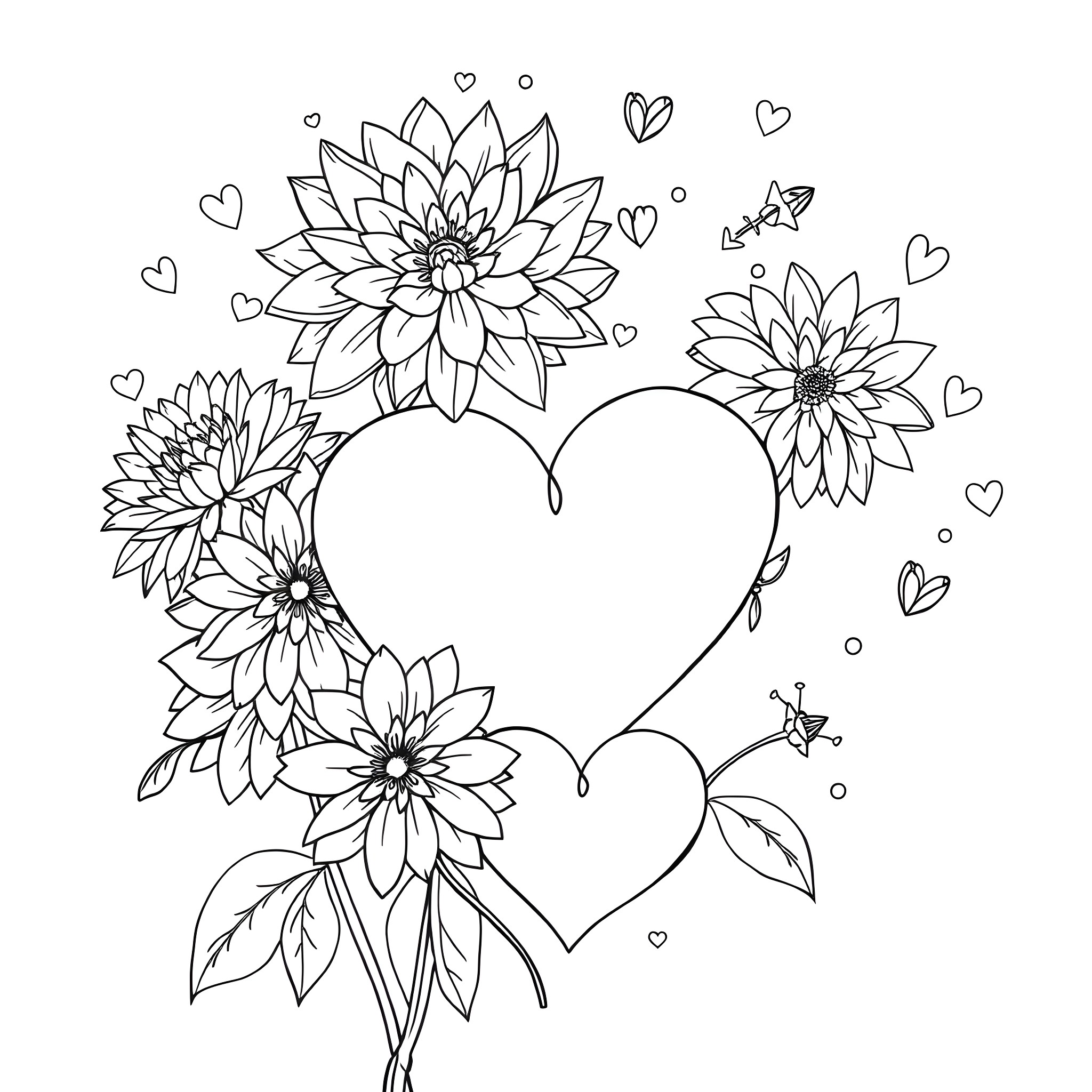 Heart-shaped Floral Display with Blooming Flowers Coloring Page (free black-and-white line drawing printable PDF for all, from beginners to advanced learners, including children, teens, adults, and seniors)
