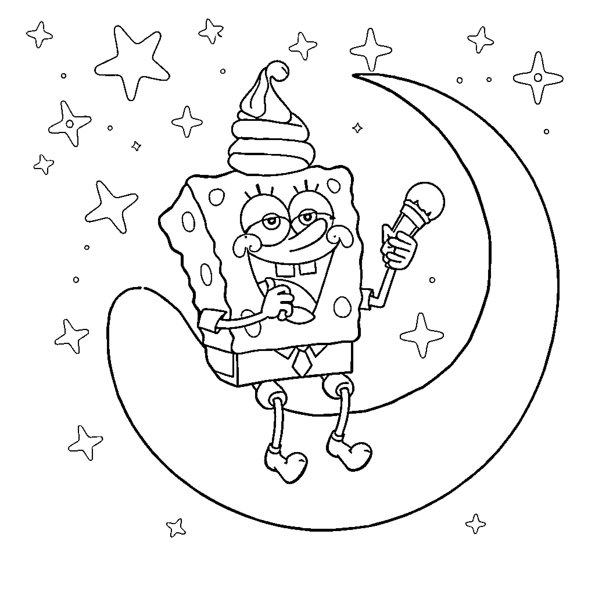 Spongebob's Nighttime Adventure with Stars Coloring Page (free black-and-white line drawing printable PDF for all, from beginners to advanced learners, including children, teens, adults, and seniors)