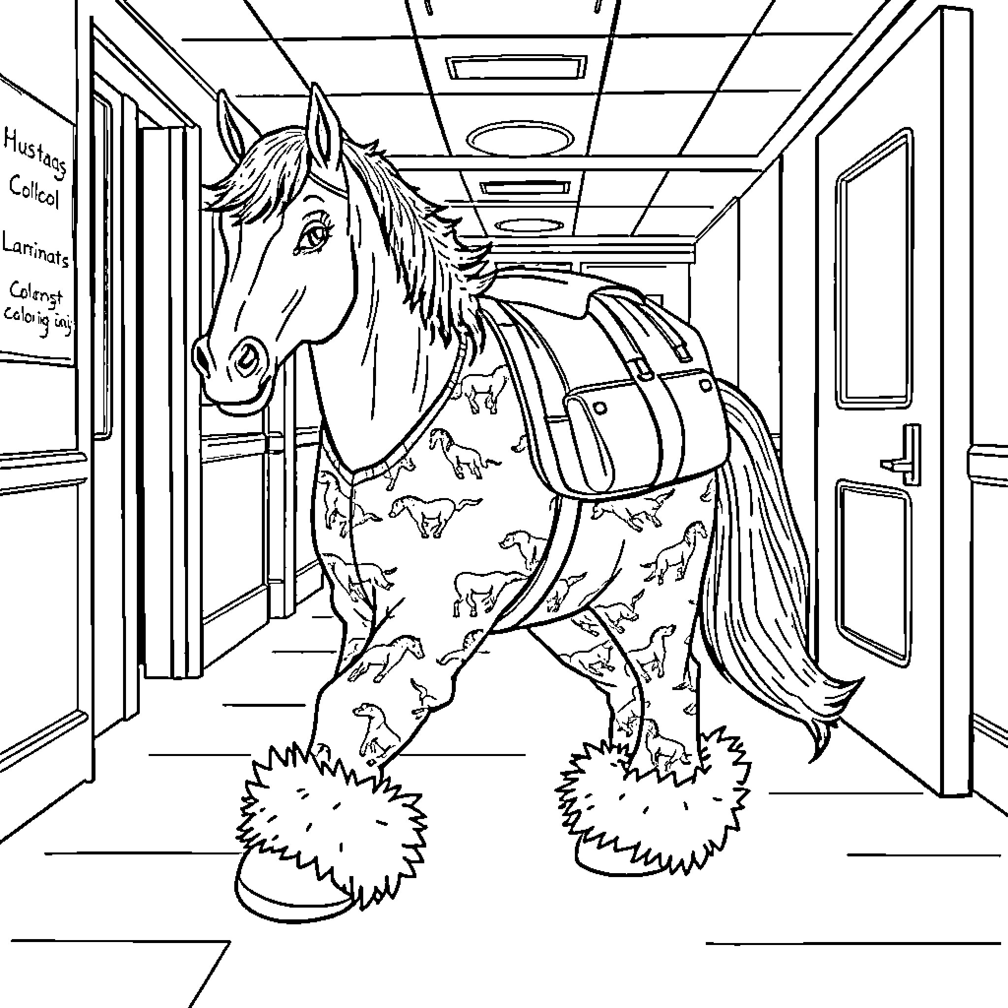 Mustang Exploring the Classroom Coloring Page (free black-and-white line drawing printable PDF for all, from beginners to advanced learners, including children, teens, adults, and seniors)