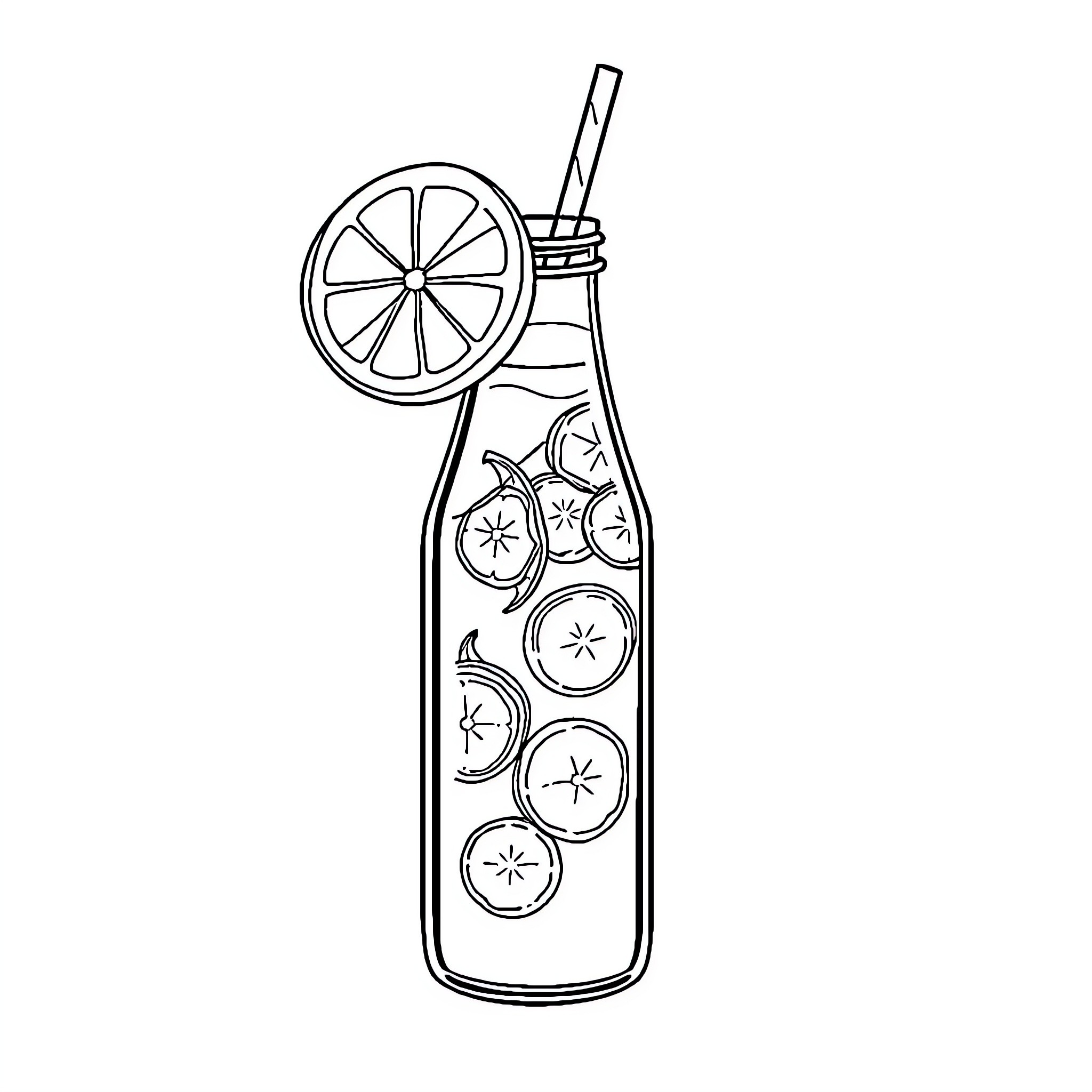 Lemonade with sliced citrus fruits Coloring Page (free black-and-white line drawing printable PDF for all, from beginners to advanced learners, including children, teens, adults, and seniors)