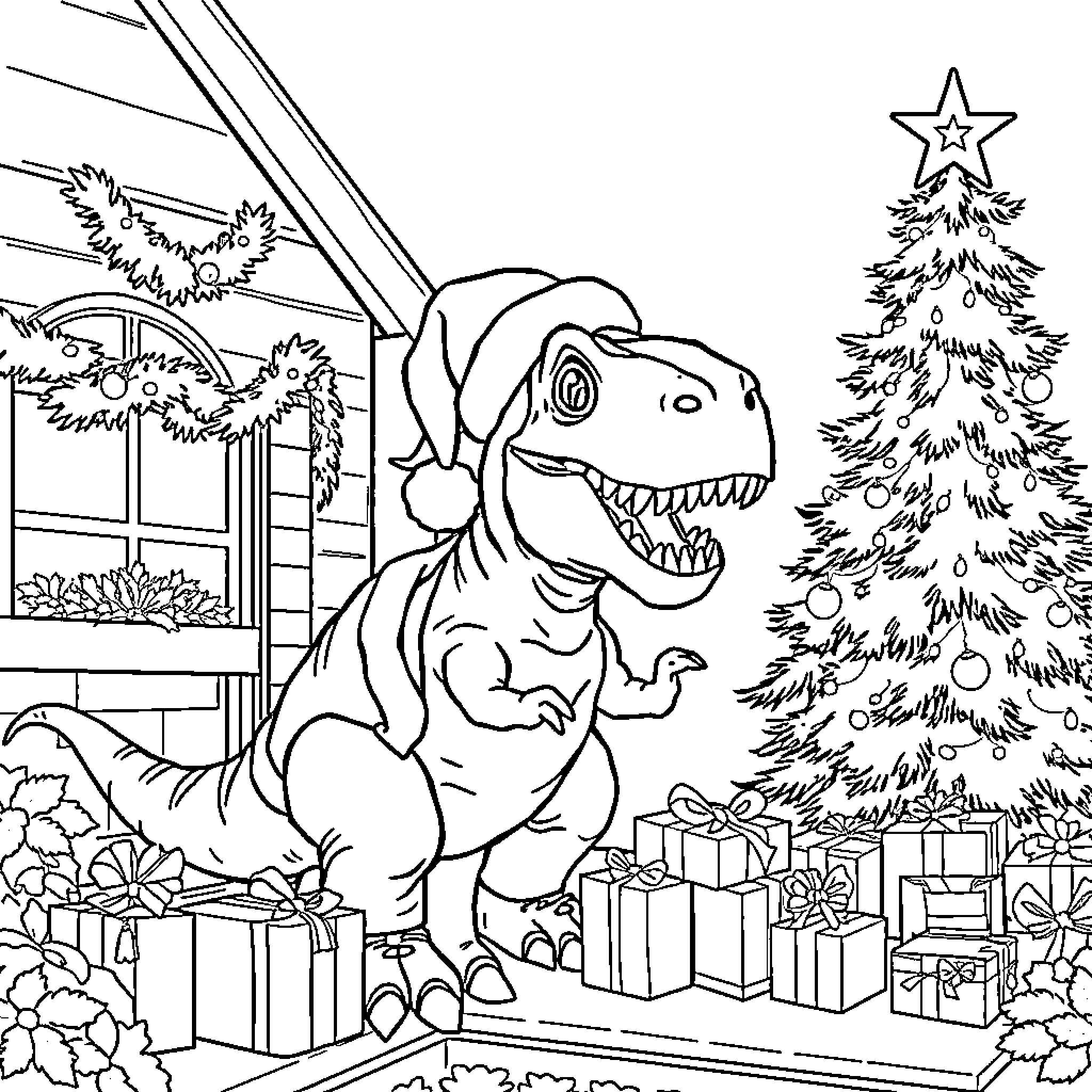 Tyrannosaurus Rex exploring festive holiday scene Coloring Page (free black-and-white line drawing printable PDF for all, from beginners to advanced learners, including children, teens, adults, and seniors)