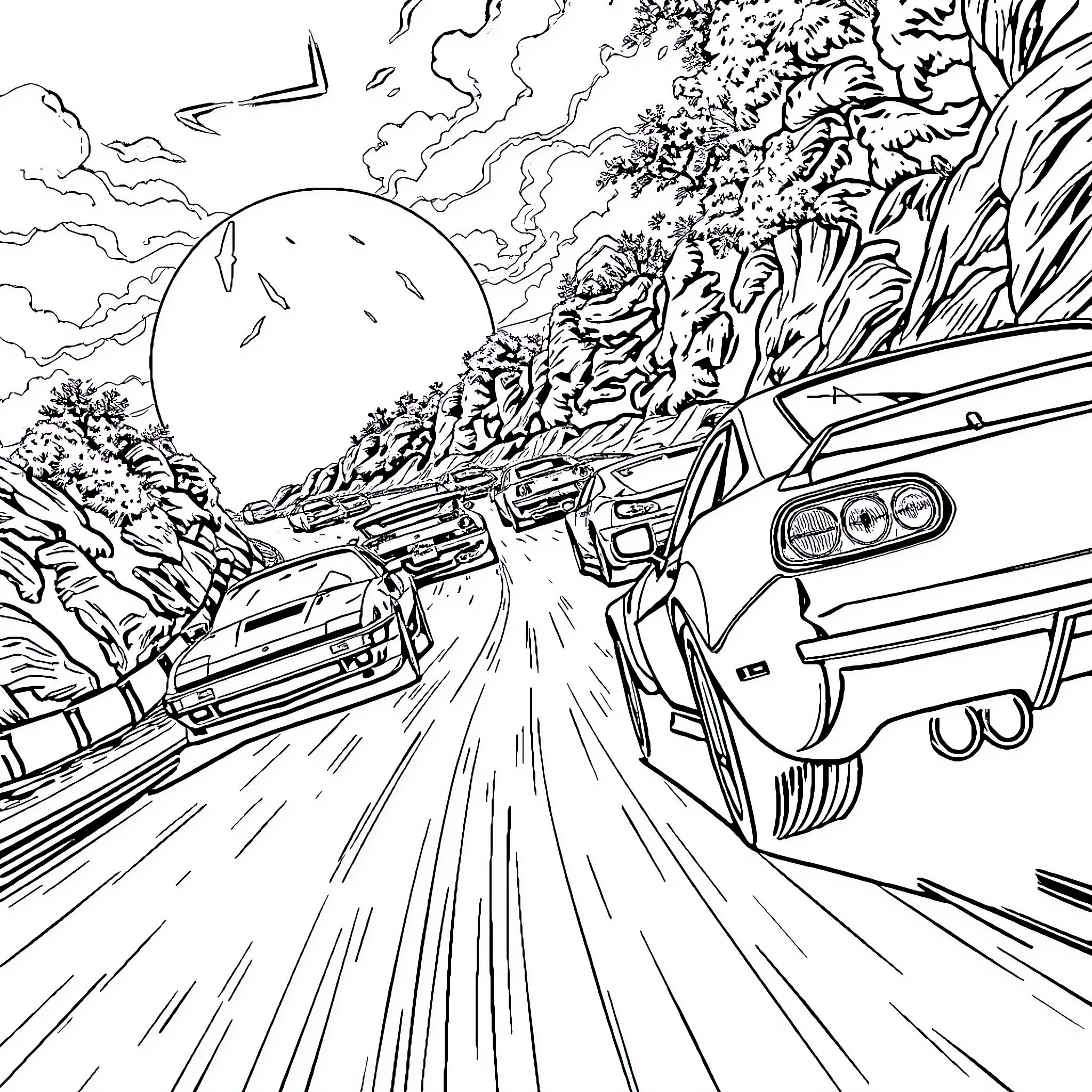 Death Race Through Treacherous Terrain Coloring Page (free black-and-white line drawing printable PDF for all, from beginners to advanced learners, including children, teens, adults, and seniors)