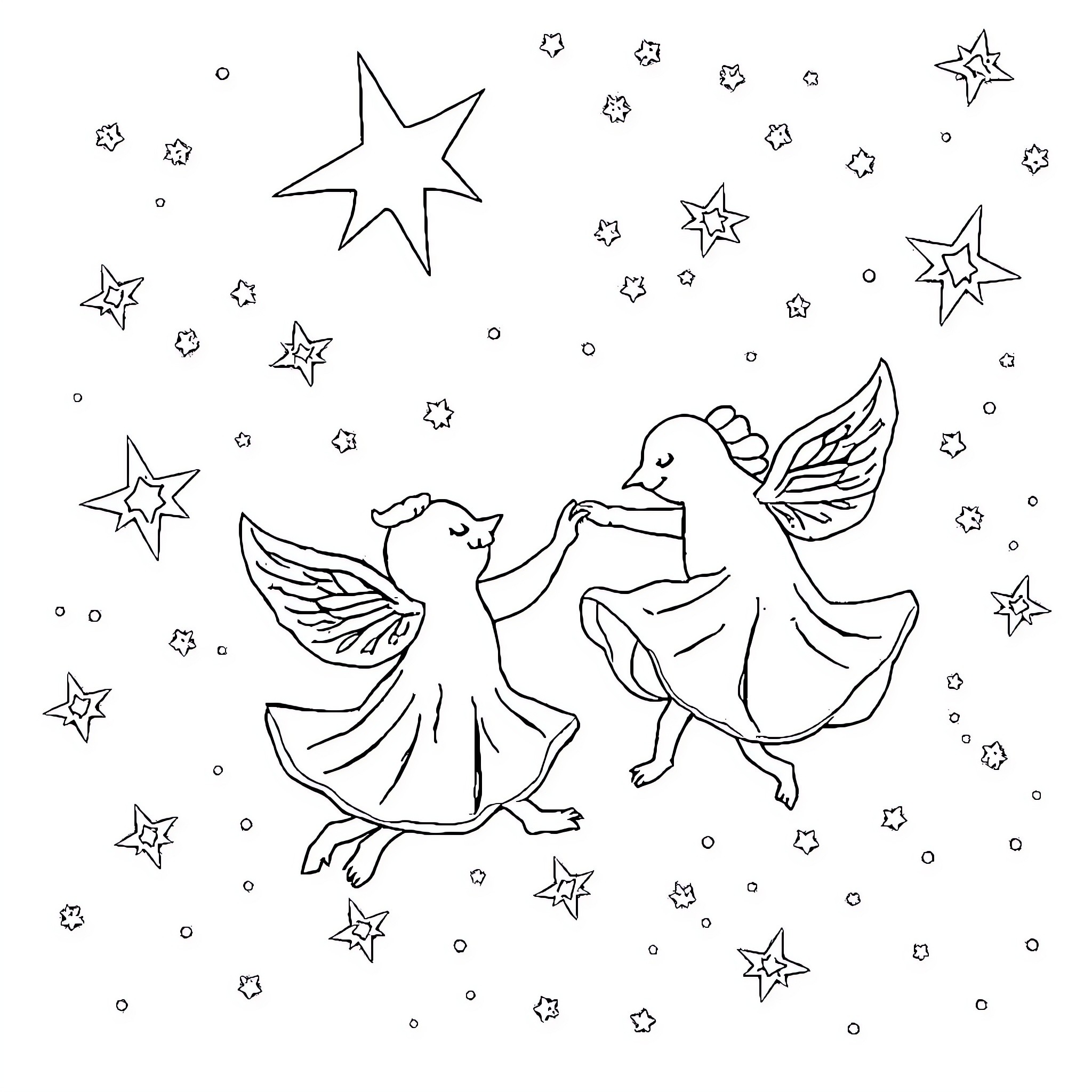 Heart-warming dance of whimsical winged creatures Coloring Page (free black-and-white line drawing printable PDF for all, from beginners to advanced learners, including children, teens, adults, and seniors)