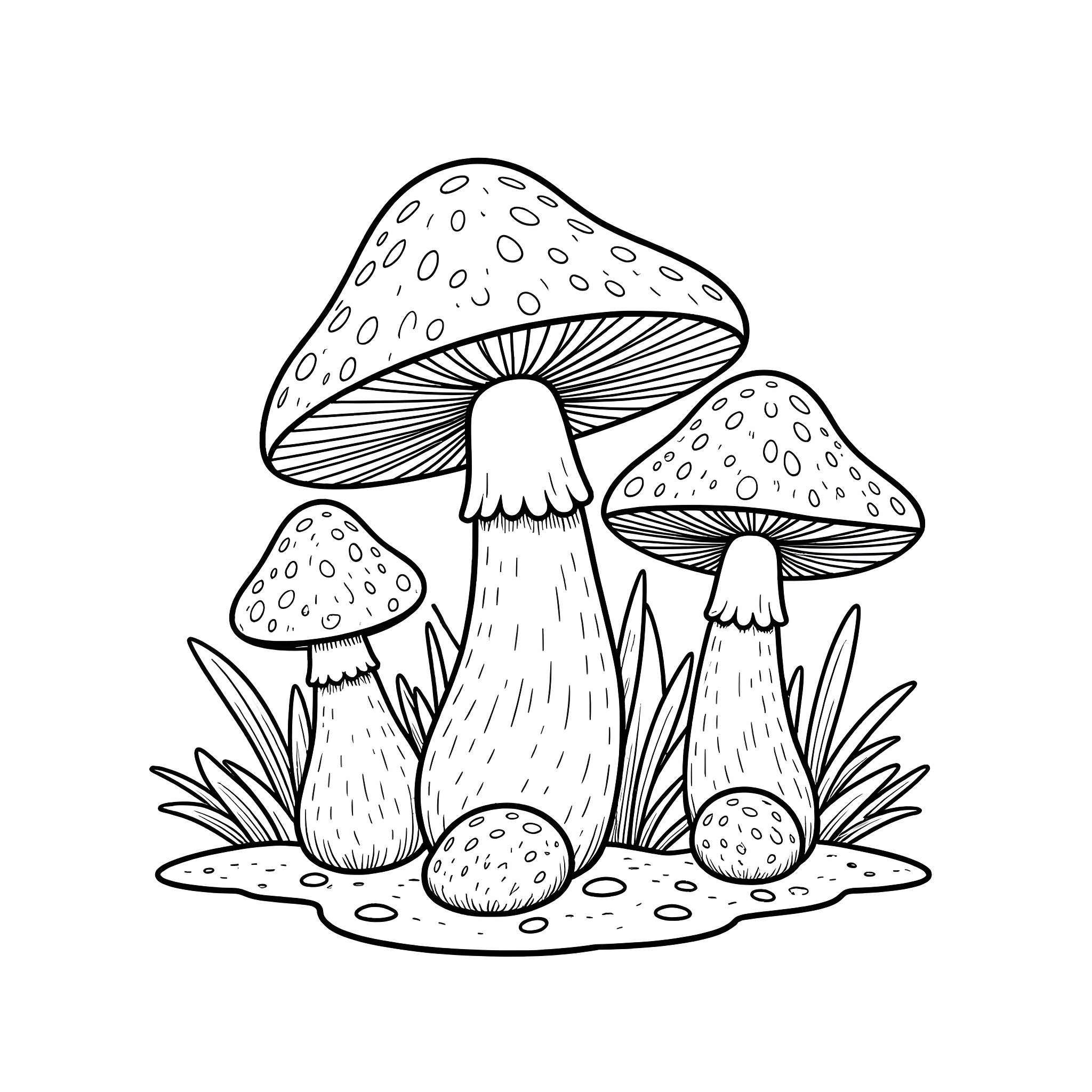 Mushroom cluster growing in forest Coloring Page (free black-and-white line drawing printable PDF for all, from beginners to advanced learners, including children, teens, adults, and seniors)