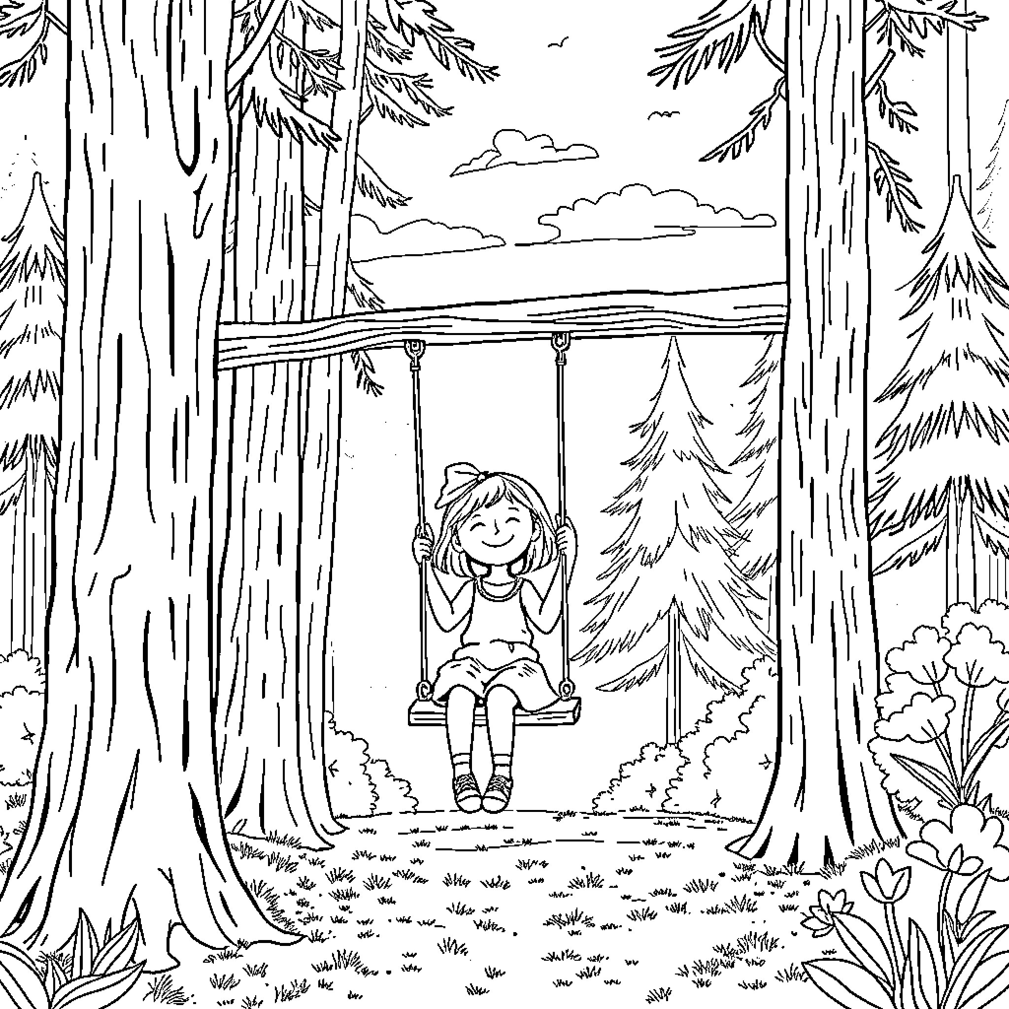 Girl enjoying a peaceful swing in the forest Coloring Page (free black-and-white line drawing printable PDF for all, from beginners to advanced learners, including children, teens, adults, and seniors)
